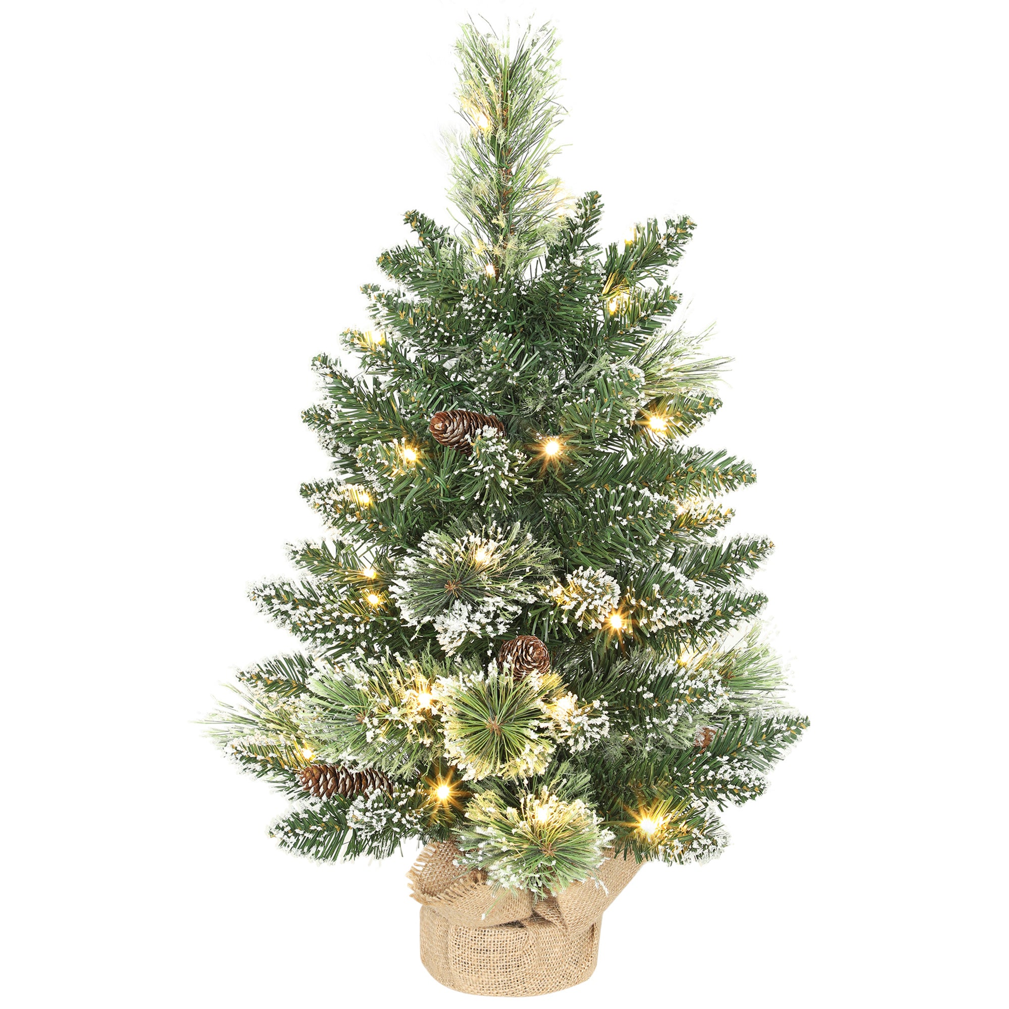 HOMCOM 60 cm Prelit Small Christmas Tree, Snow Flocked Tabletop Mini Xmas Tree with 35 LED Lights, Pine Cones and Linen Cover Base, Battery Operated, Green