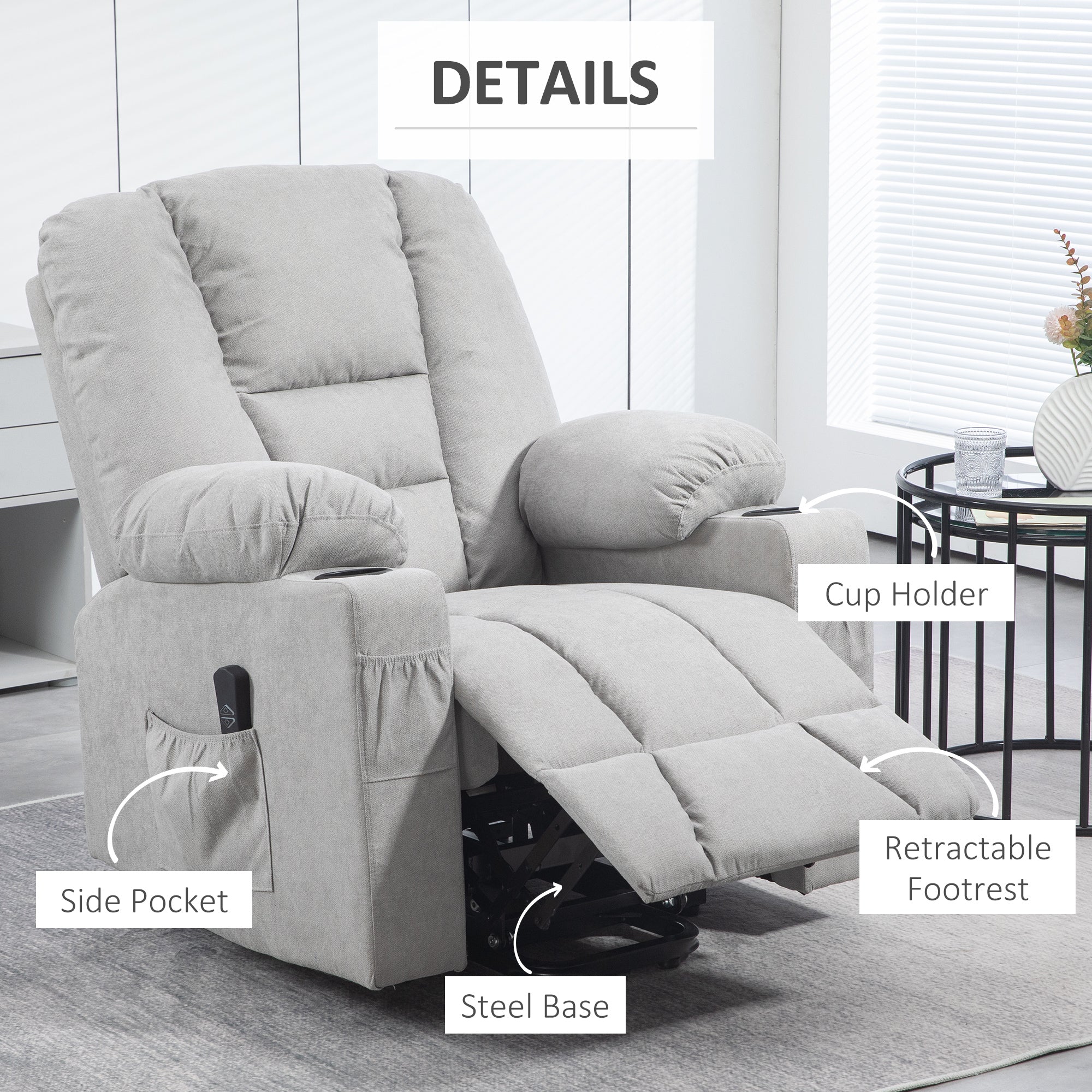 HOMCOM Oversized Riser and Recliner Chairs for the Elderly, Fabric Upholstered Lift Chair for Living Room with Remote Control, Side Pockets, Cup Holder, Light Grey - North Peak Garden Furniture