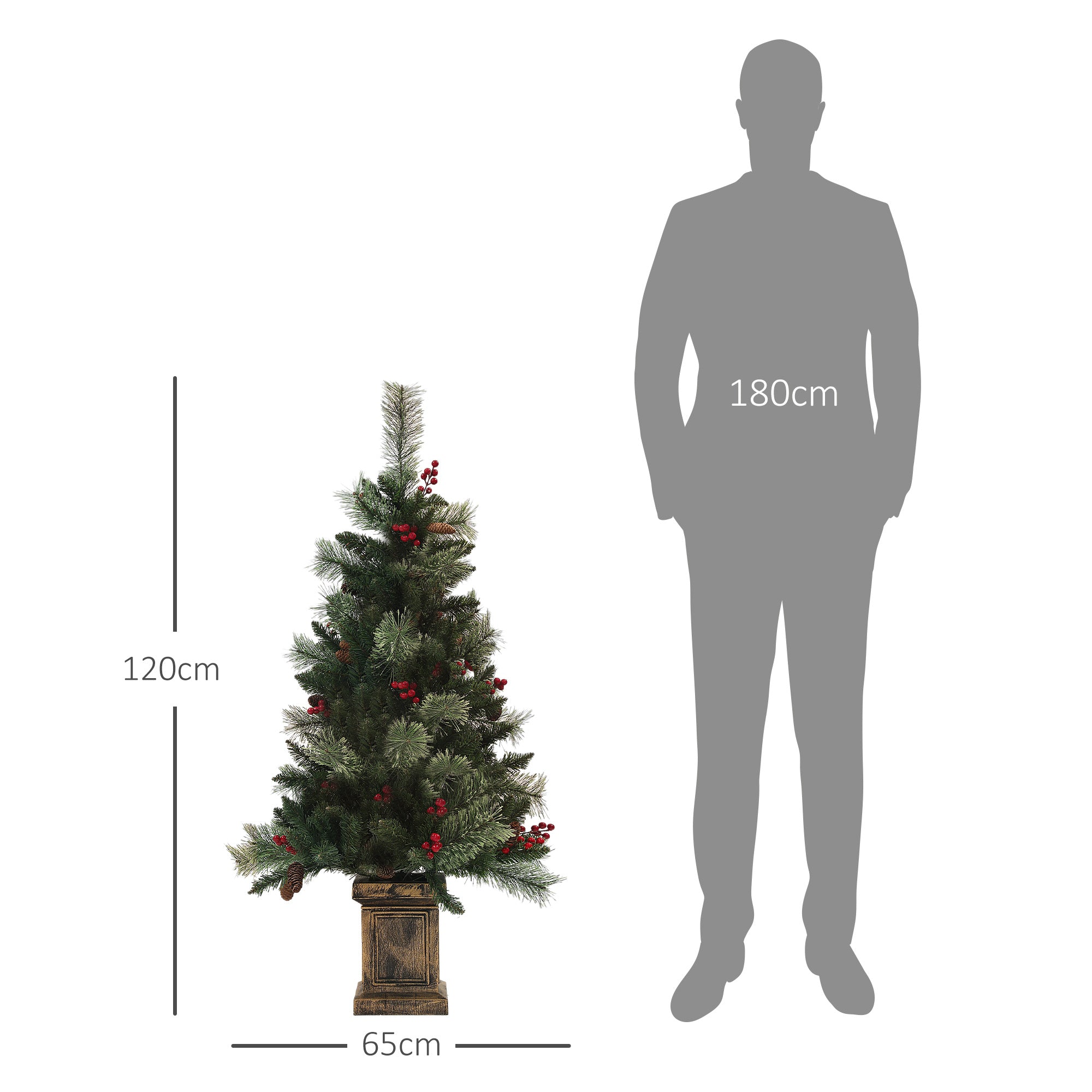 HOMCOM 1.2m/4ft Artificial Christmas Tree with 100 Warm White LED Lights and 8 Modes, Small Xmas Tree with Red Berries, Pine Cones and Retro Base, Green - North Peak Garden Furniture