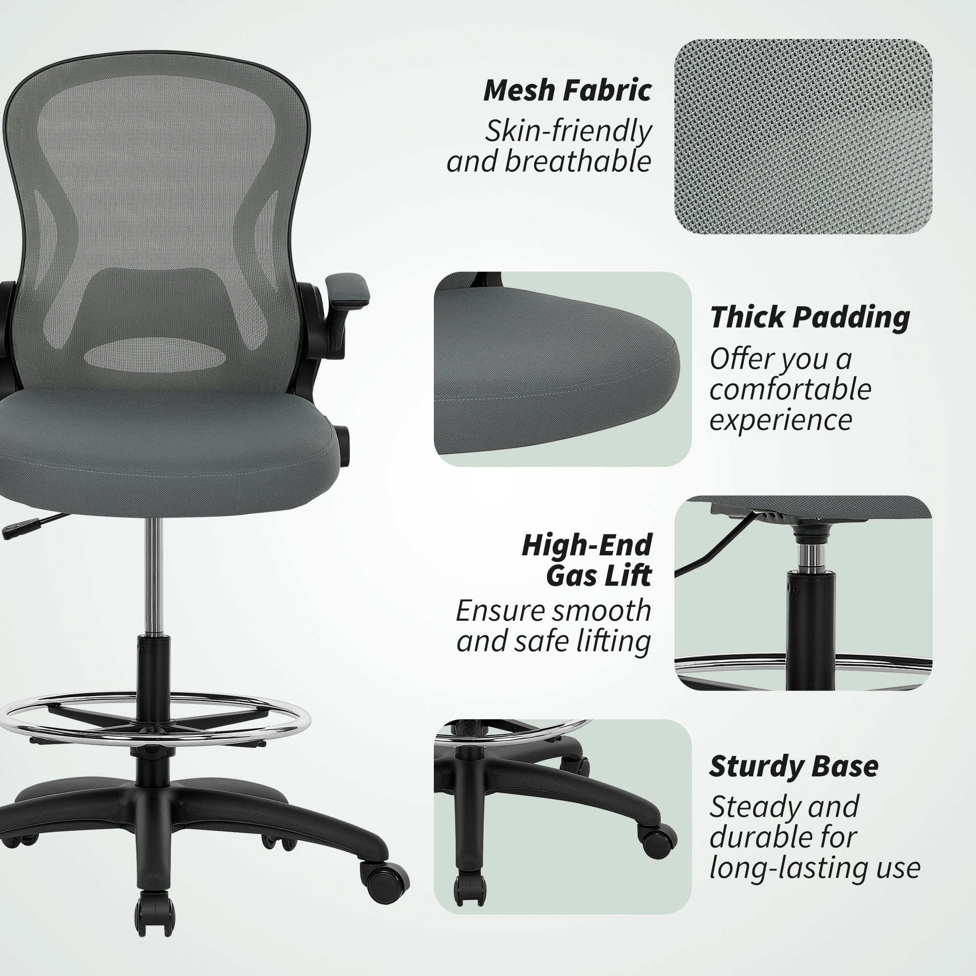 Vinsetto Draughtsman Chair with Flip-up Armrests, Mesh Standing Desk Chair with Lumbar Support and Adjustable Foot Ring for Bar Counter, Charcoal Grey