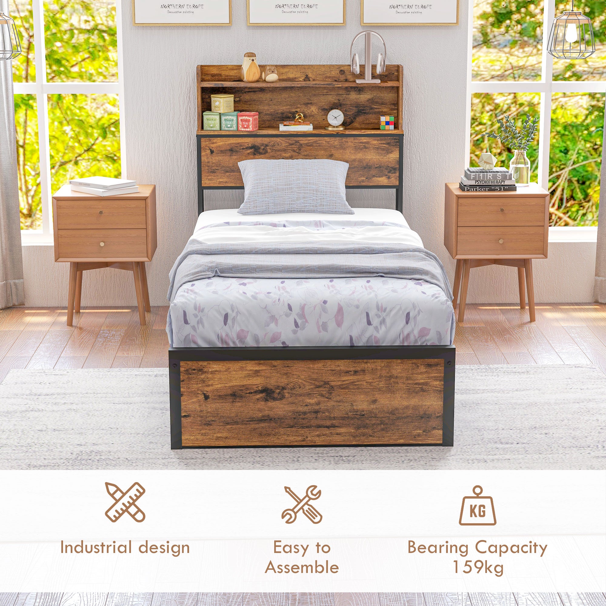 HOMCOM Industrial Single Bed Frame, 3.1FT Steel Bed Base with Storage Headboard, Footboard, Slatted Support and Under Bed Storage, 95 x 209cm, Rustic Brown - North Peak Garden Furniture