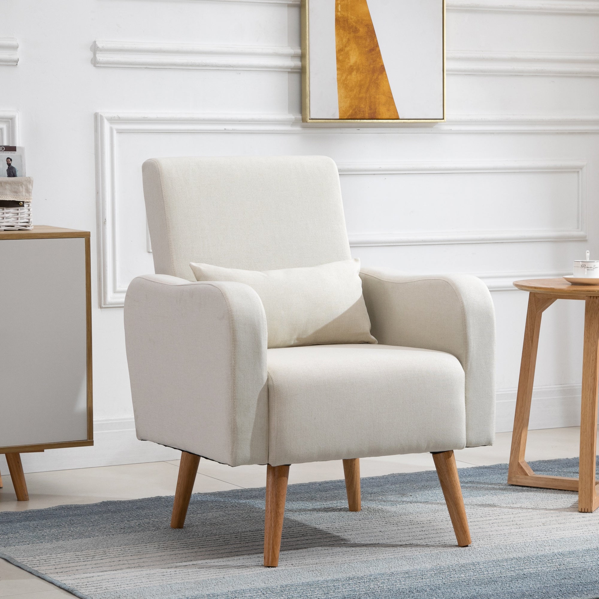 HOMCOM Accent Chair, Linen-Touch Armchair, Upholstered Leisure Lounge Sofa for Living Room, Club Chair with Wooden Frame, Cream - North Peak Garden Furniture