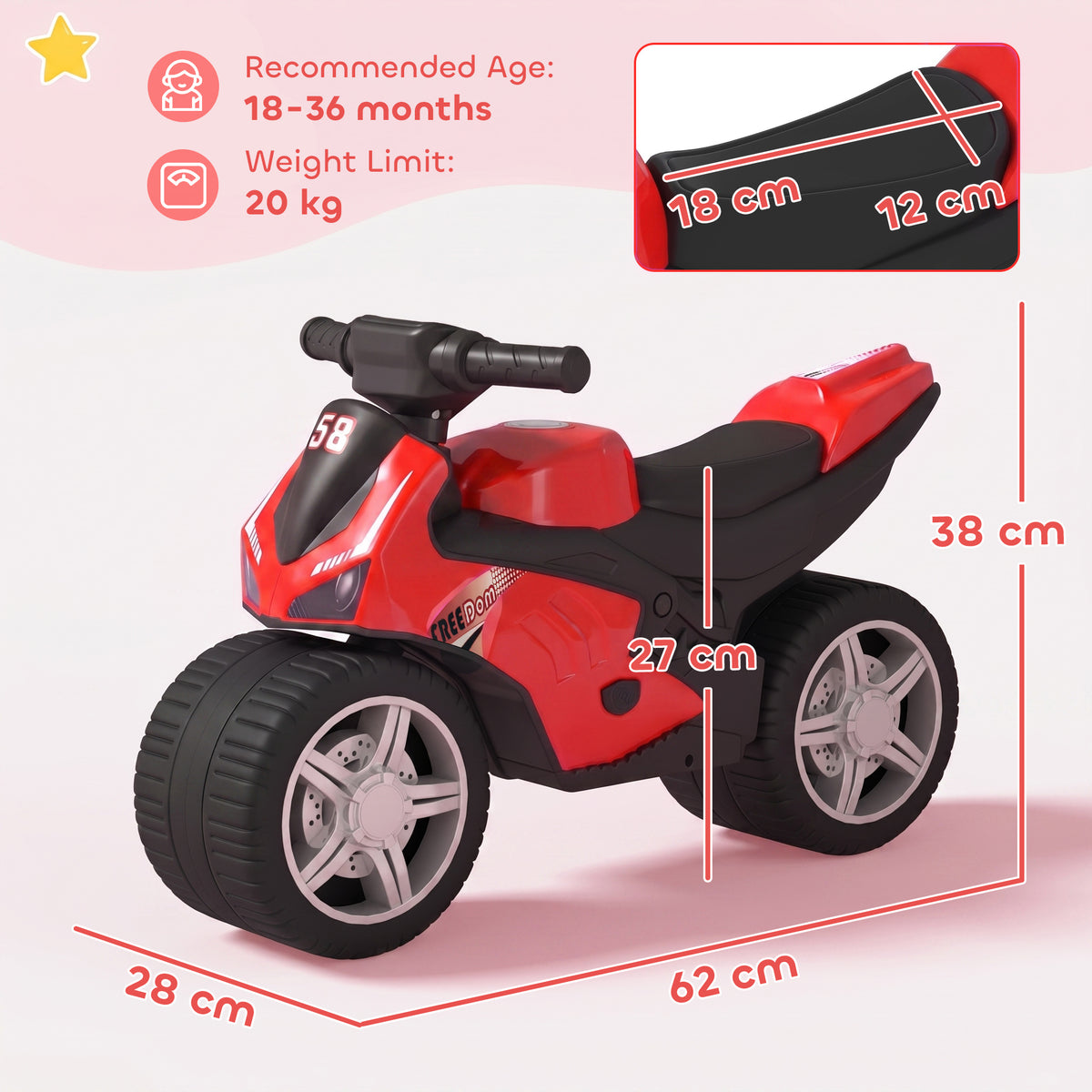 AIYAPLAY Balance Bike with Music Extra-Wide Wheels Toddler Bike for Boys Girls Red