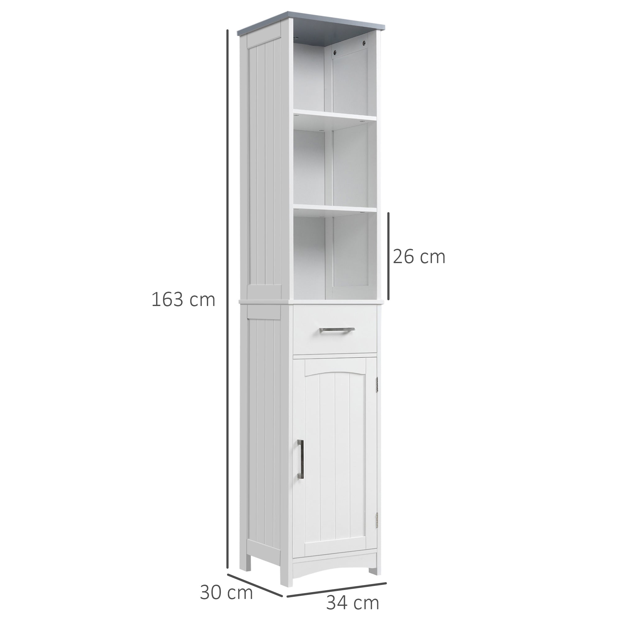 kleankin Tall Bathroom Storage Cabinet with 3 Tier Shelf, Cupboard, Drawer, Door, Freestanding Linen Tower, Slim Side Organizer, White - North Peak Garden Furniture
