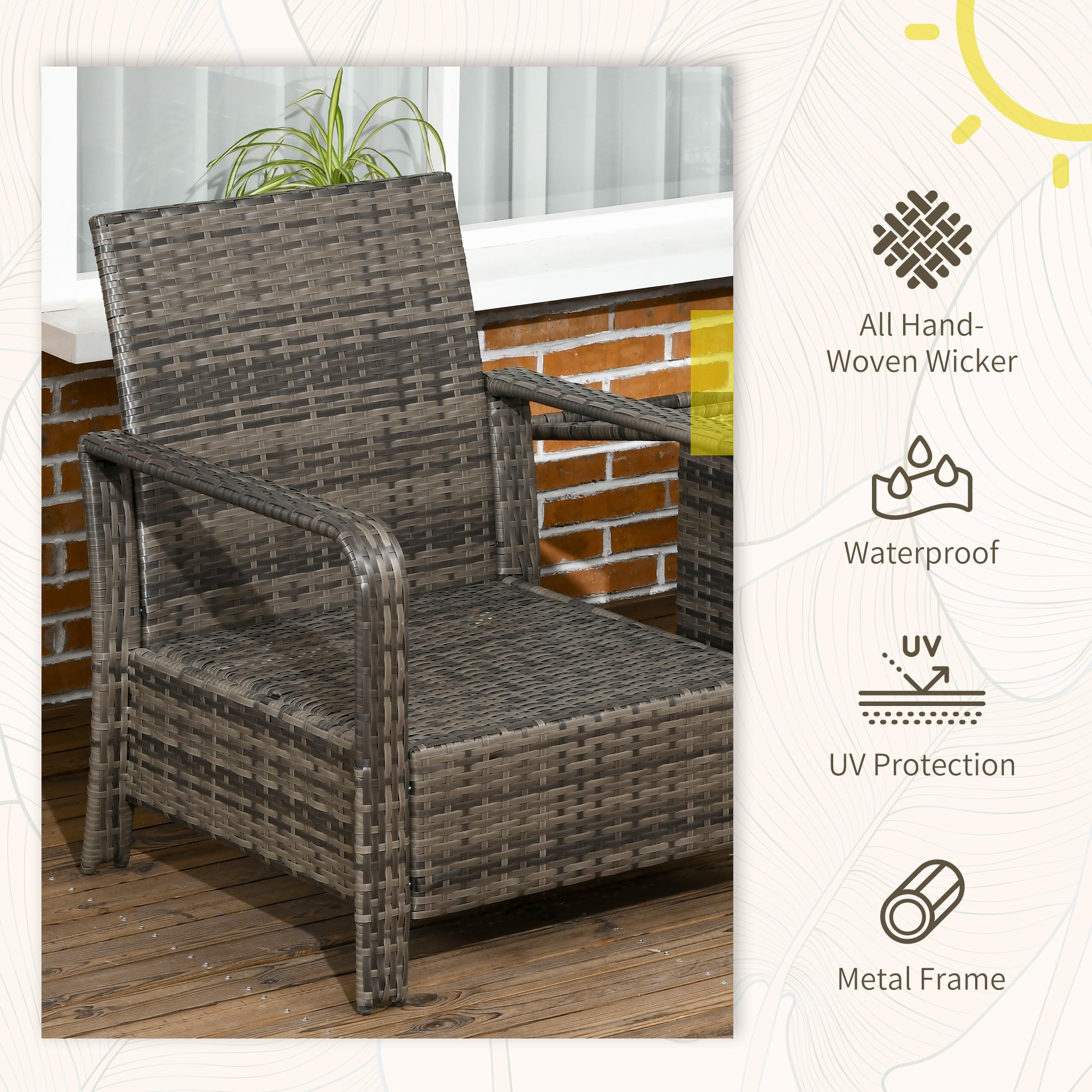 Outsunny 3 pcs PE Rattan Wicker Garden Furniture Patio Bistro Set Weave Conservatory Sofa Storage Table and Chairs Set Grey Cushion & Wicker