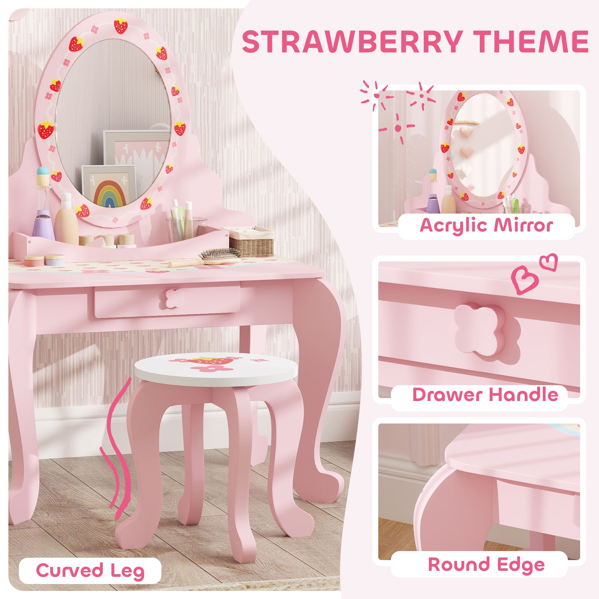 AIYAPLAY Kids Dressing Table Set, Vanity Table with Stool, Mirror, Drawer, Desktop Storage, Strawberry Theme, Pink - North Peak Garden Furniture