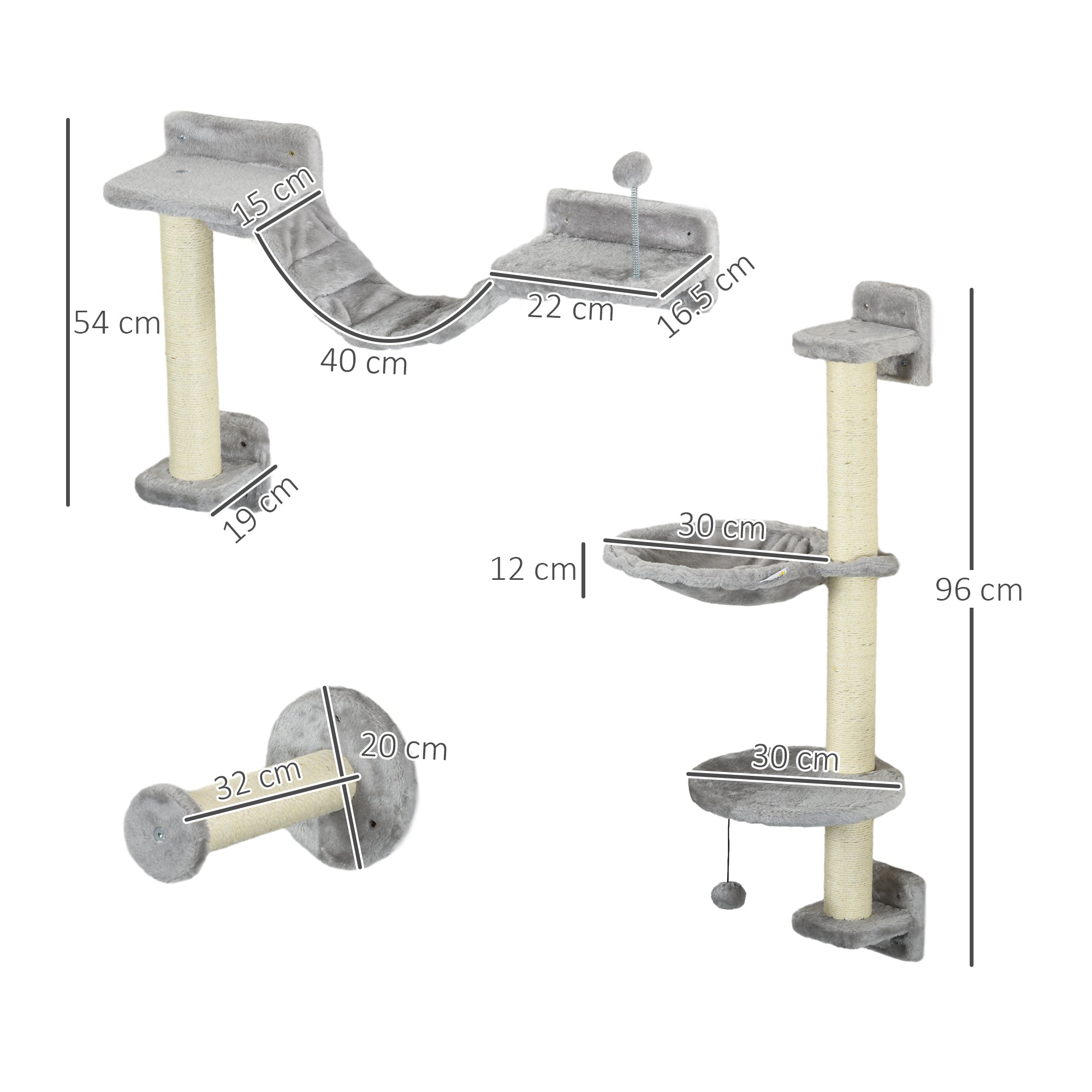 PawHut Four-Piece Cat Wall Furniture with Hammock, Perches, Ladder, Scratching Post, Grey - North Peak Garden Furniture