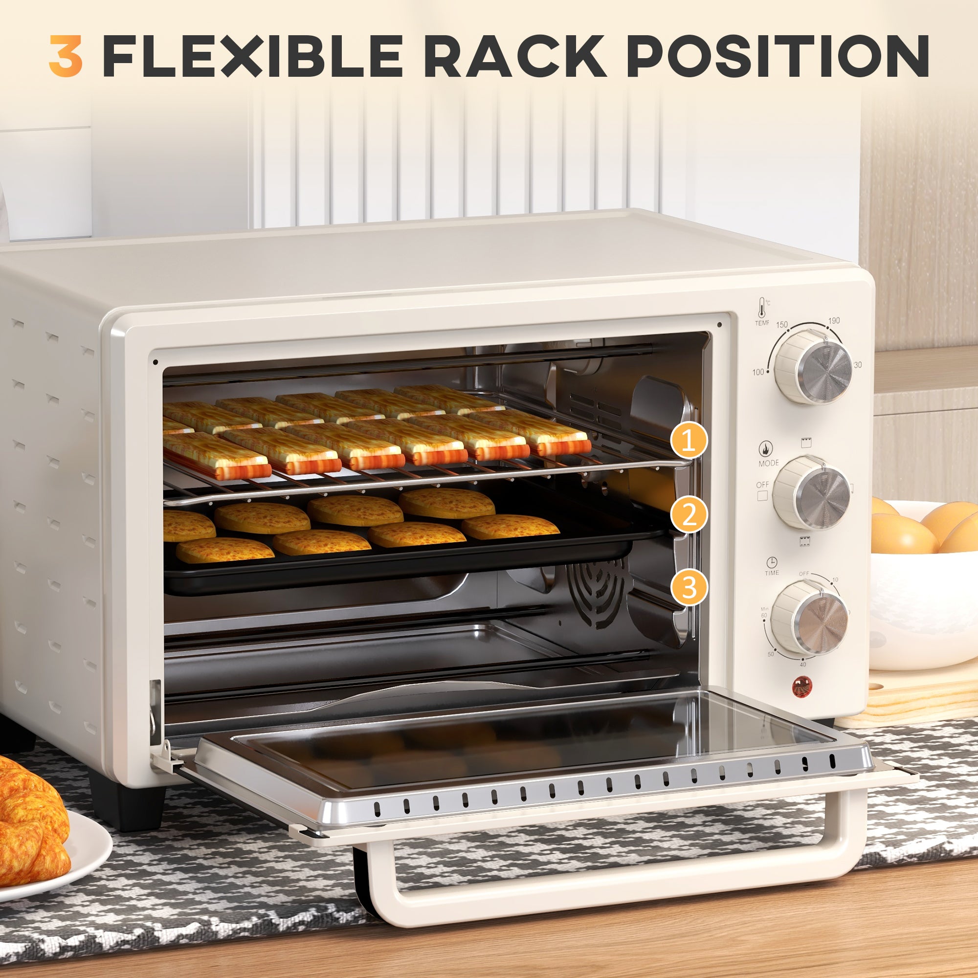 HOMCOM Mini Oven, 21L Countertop Electric Grill, Toaster Oven with Adjustable Temperature, Timer, Baking Tray and Wire Rack, 1400W, Cream