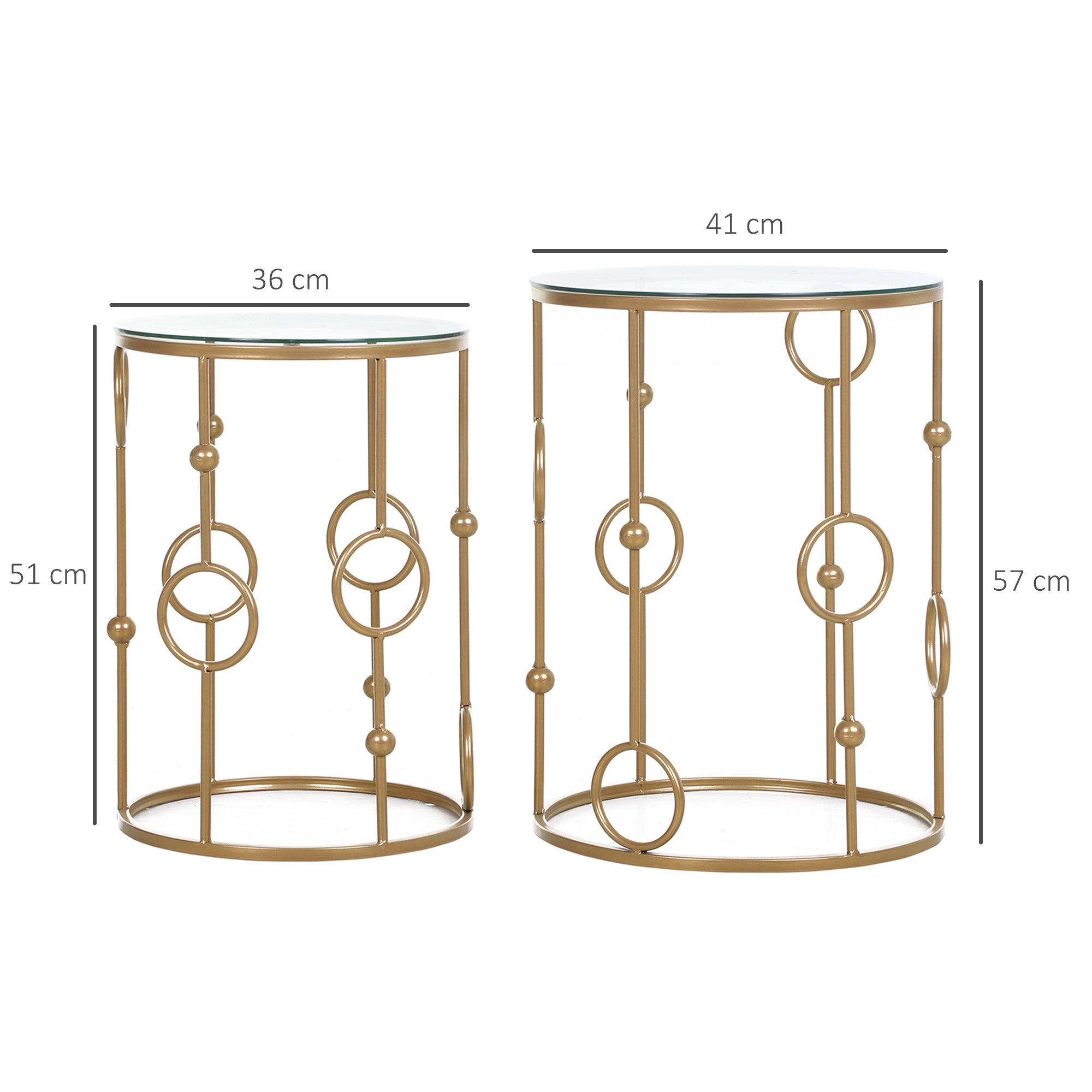 HOMCOM Round Coffee Tables Set of 2, Gold Nesting Side End Tables with Tempered Glass Top, Steel Frame for Living Room, Gold - North Peak Garden Furniture
