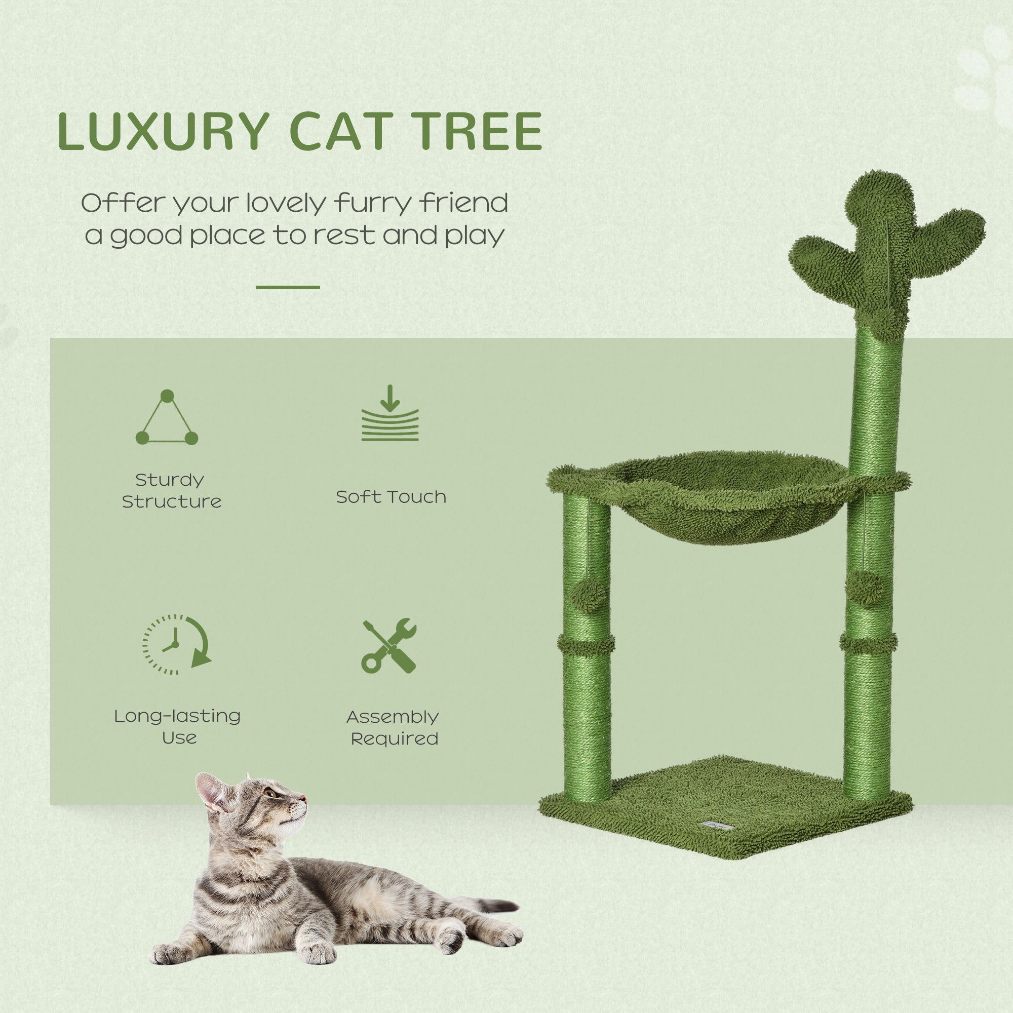 PawHut Cactus Cat Tree Tower for Indoor Cats Sisal Scratching Post with Hammock Bed Dangling Ball 40 x 40 x 96 cm - North Peak Garden Furniture