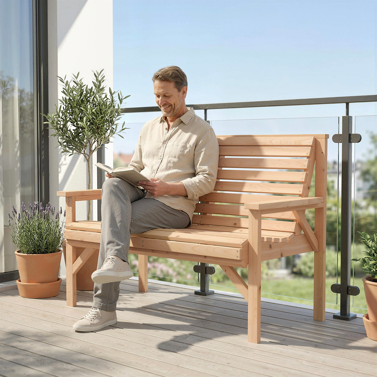 Outsunny 2 Seater Wooden Garden Bench, Slatted Patio Bench with Armrest and Backrest, Outdoor Furniture for Indoor, Balcony