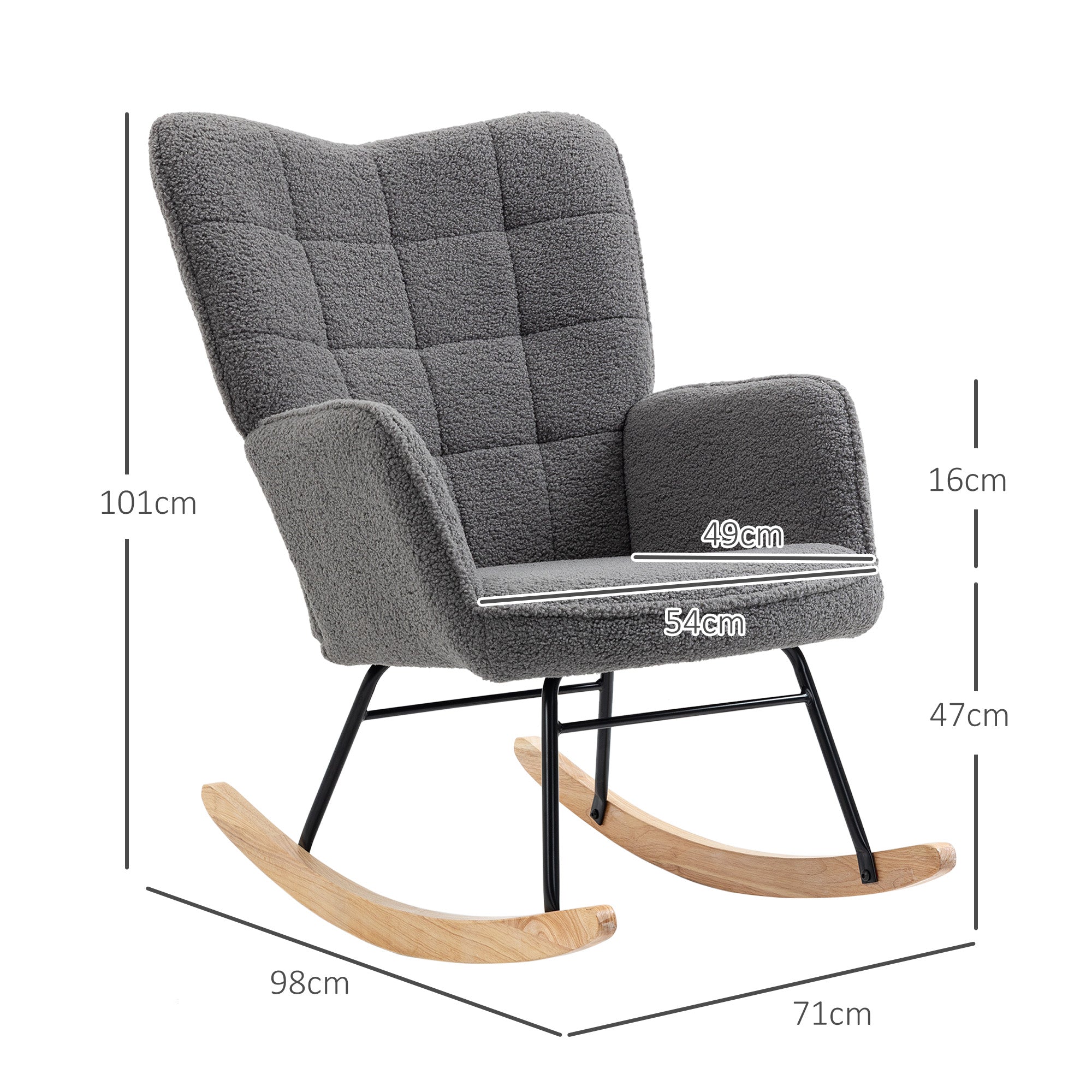 HOMCOM Berber Fleece Nursery Glider Rocker for Nursing, Wingback Rocking Chair for Living Room, Dark Grey - North Peak Garden Furniture