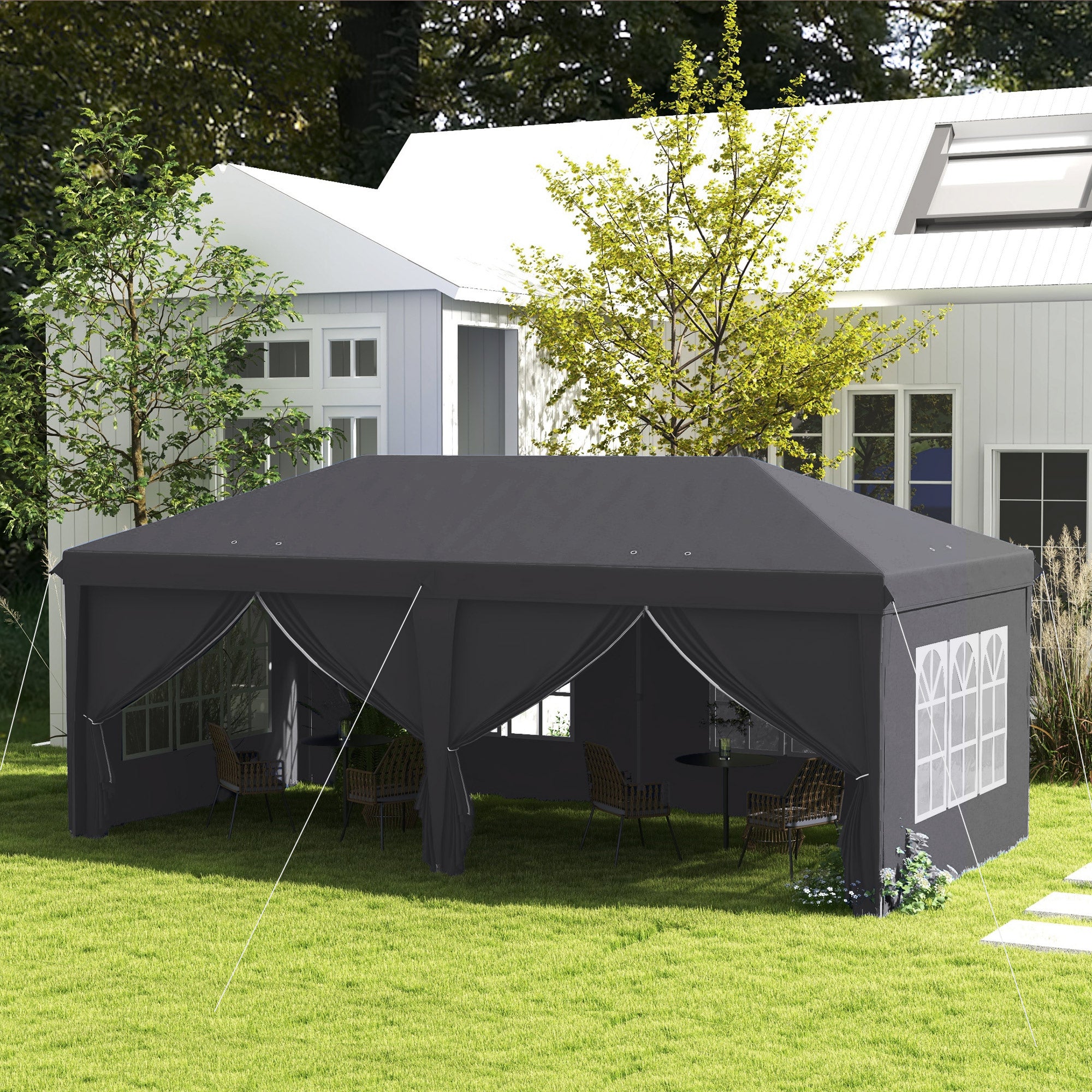 Outsunny 3 x 6m Pop-Up Gazebo, with Curtain Walls and Windows - Grey - North Peak Garden Furniture