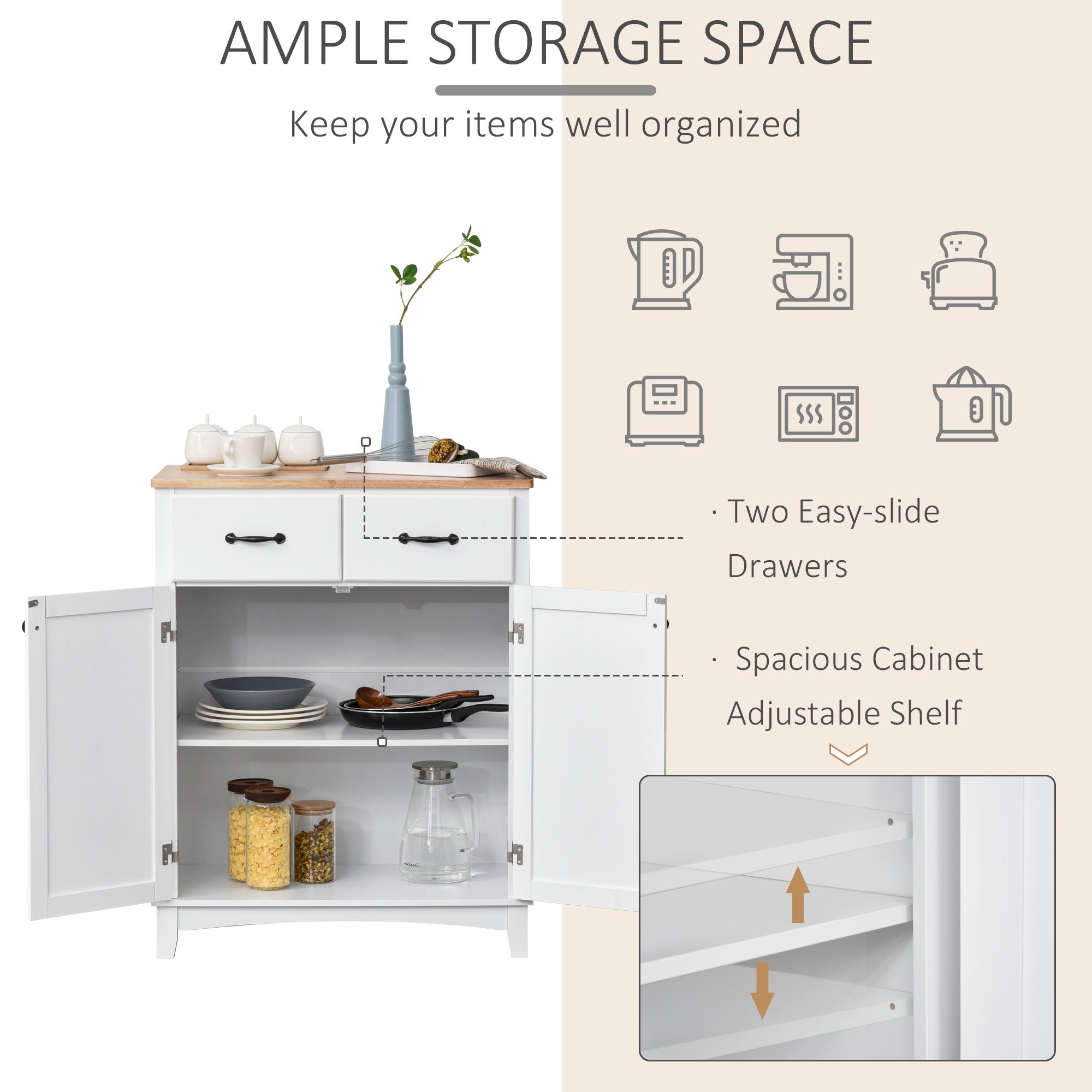 HOMCOM Modern Kitchen Cupboard, Wooden Storage Cabinet, Tableware Organizer with 2 Drawers for Living & Dining Room, White