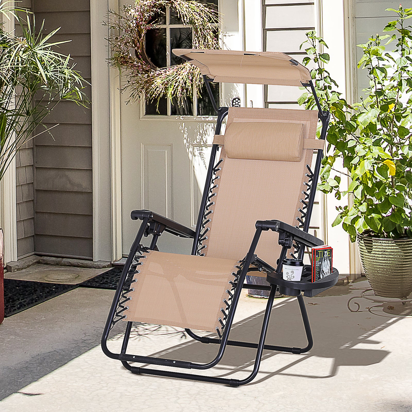 Outsunny Outdoor Zero Gravity Recliner Chair with Canopy Shade and Cup Holder, Folding Patio Sun Lounger, Beige