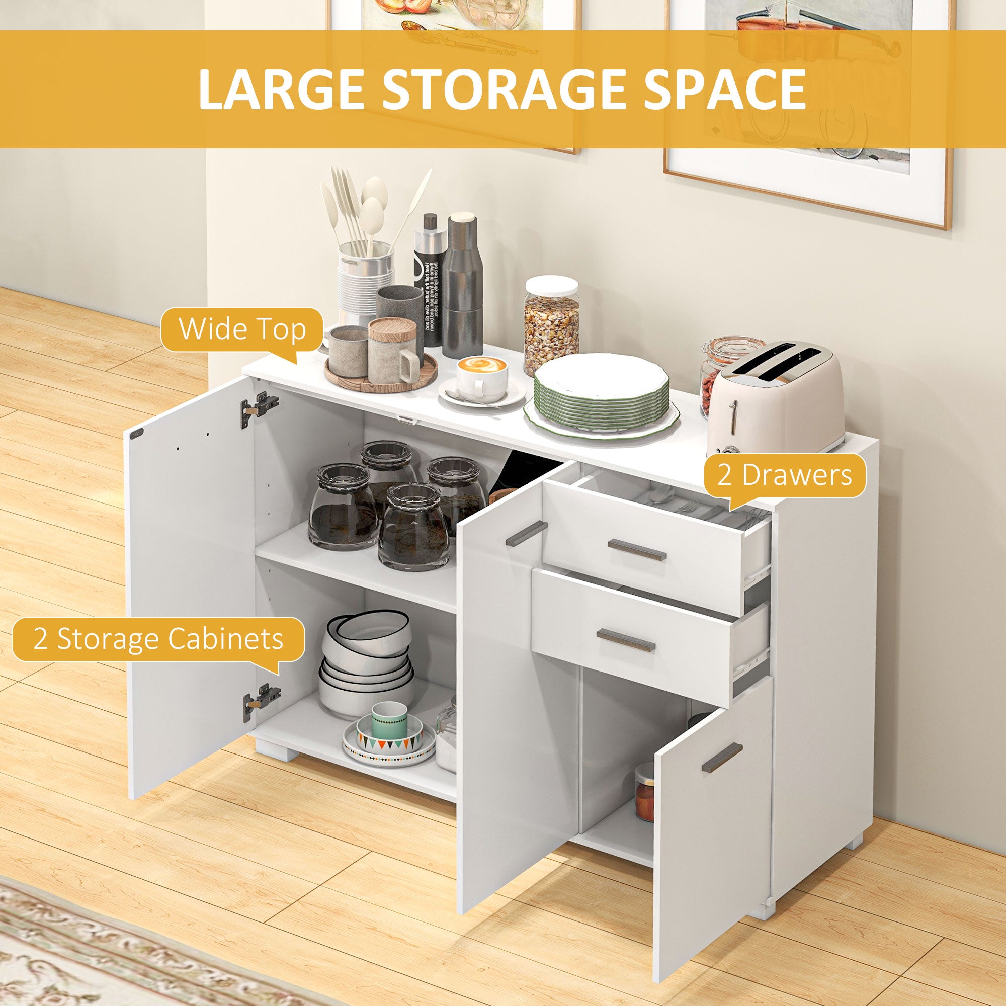 HOMCOM Sideboard, Modern Storage Cabinet with 2 Drawers, 3 Doors and Adjustable Shelves, Kitchen Cabinet for Living Room, Dining Room, High Gloss White - North Peak Garden Furniture