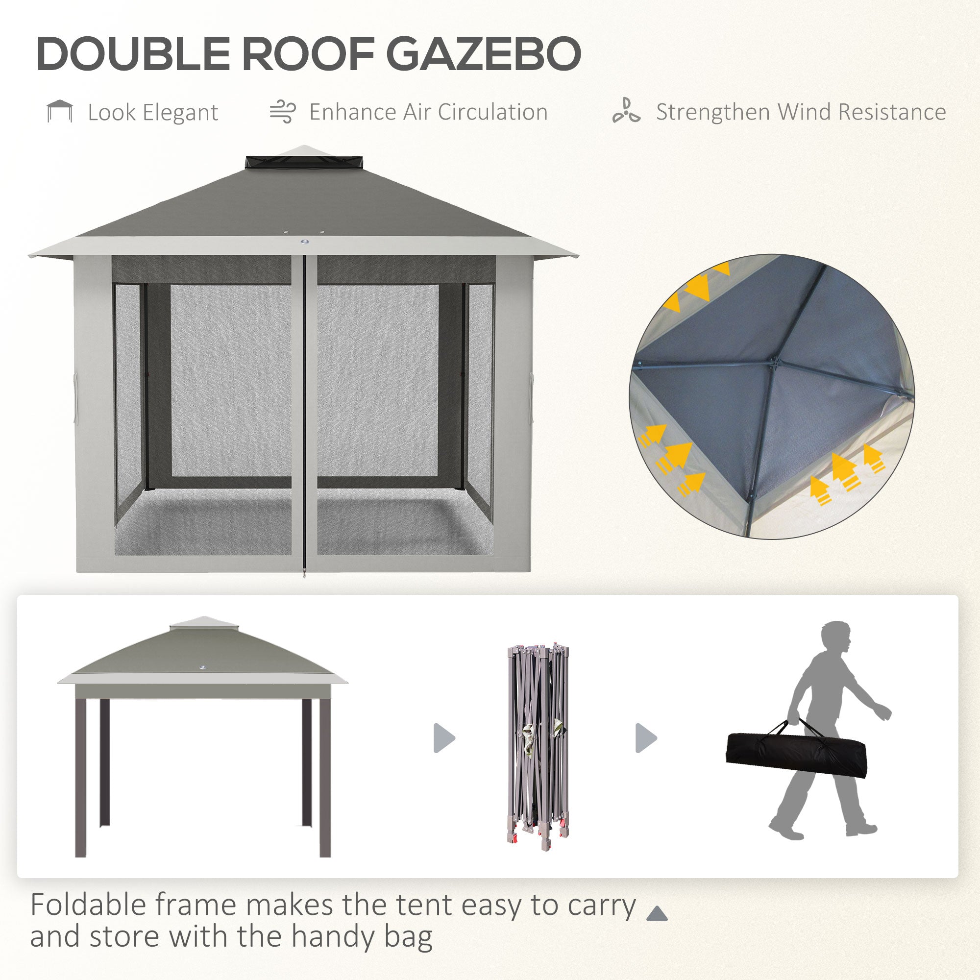 Outsunny Pop Up Canopy Tent with Double Roof, Zipped Mesh Sidewalls, Carrying Bag, Height Adjustable for Patio Garden, Dark Grey - North Peak Garden Furniture