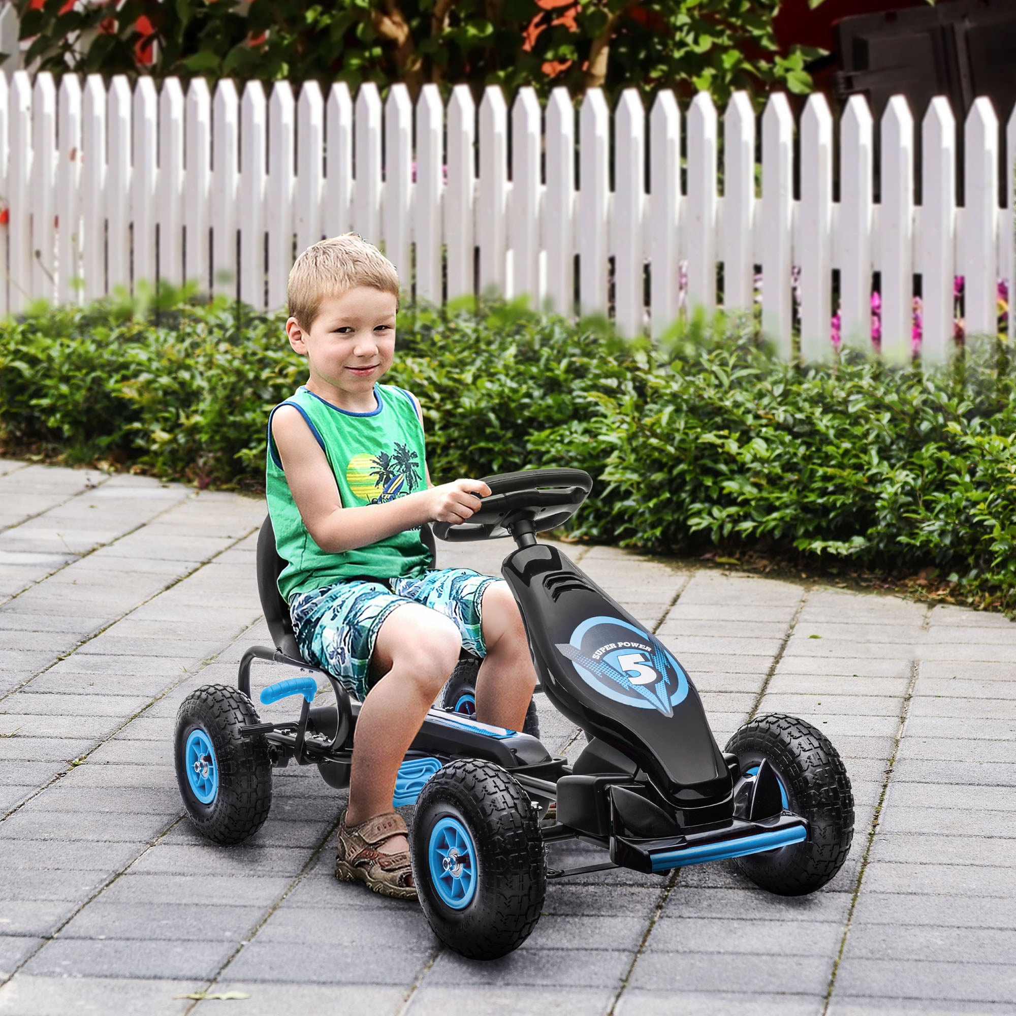 HOMCOM Kids Pedal Go Kart, with Adjustable Seat, Inflatable Tyres - Blue - North Peak Garden Furniture