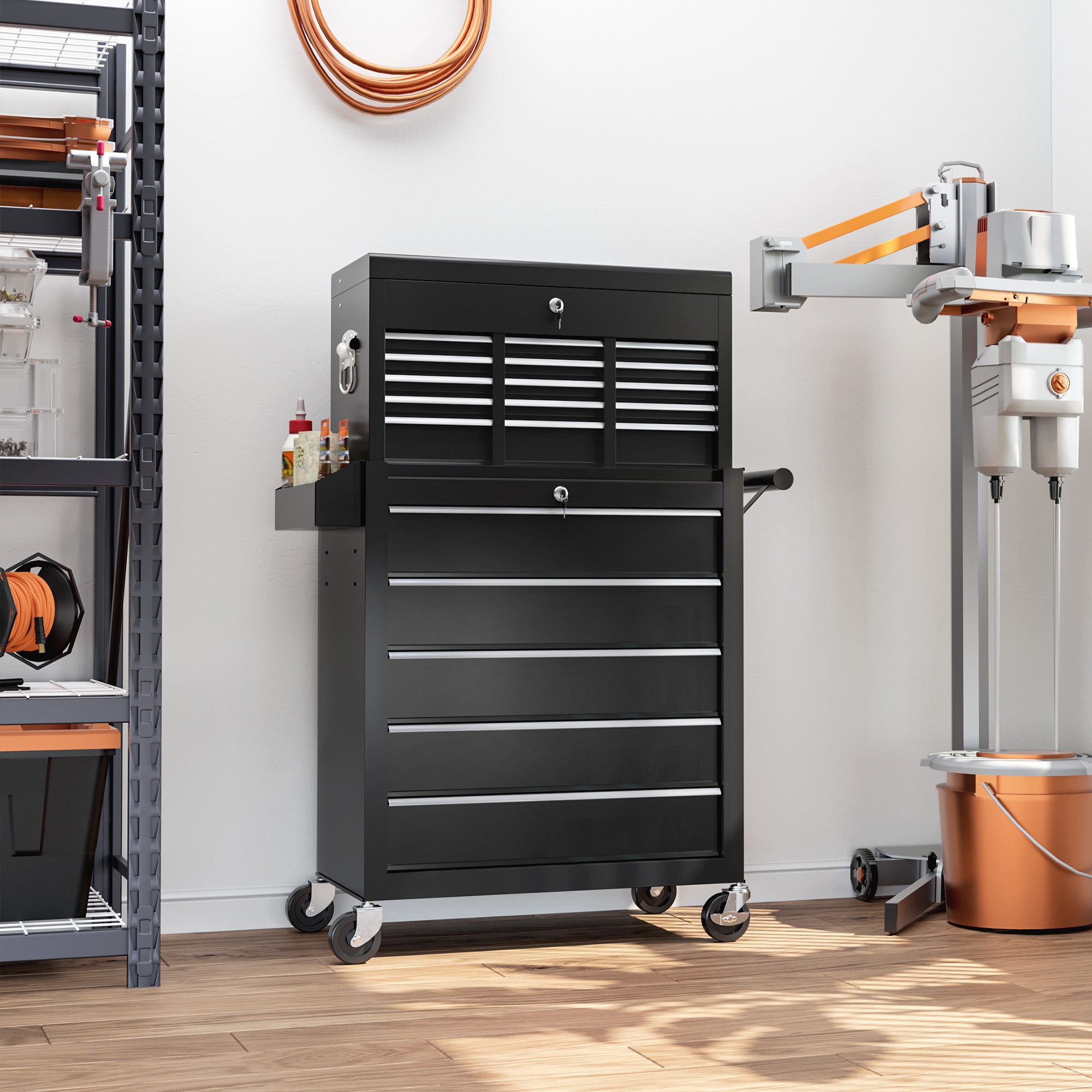 HOMCOM 19 Drawer, Two-Part Tool Storage Chest on Wheels - Black - North Peak Garden Furniture