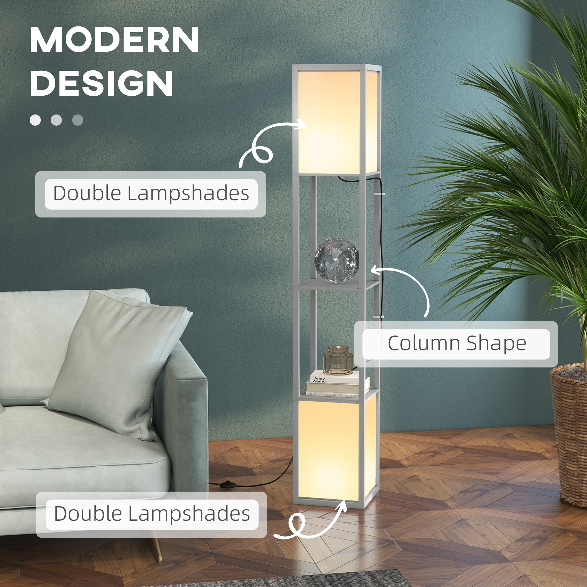 HOMCOM Modern Shelf Floor Lamp with Dual Ambient Light, Standing Lamp Living Room, Bedroom, 156cm, Grey - North Peak Garden Furniture