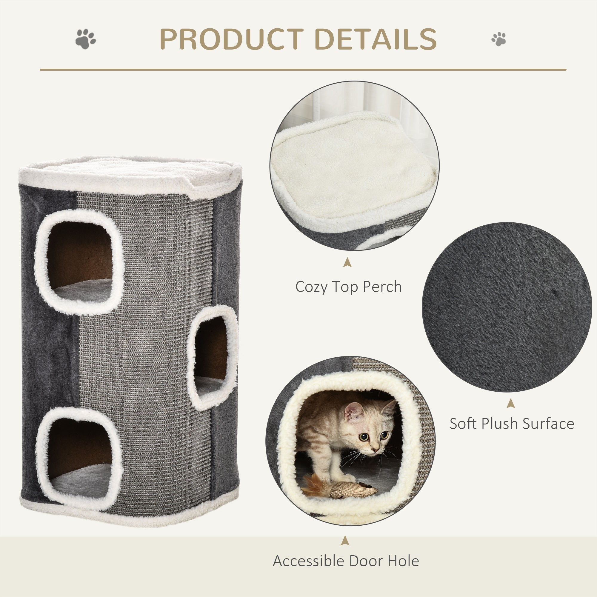PawHut Sisal Cat Barrel with Soft Plush & Lamb Fleece Grey - North Peak Garden Furniture