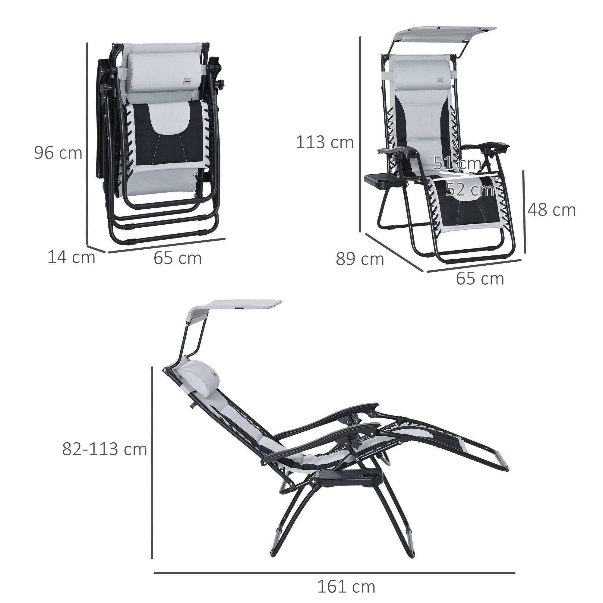 Outsunny Zero Gravity Lounger Chair, Folding Reclining Patio Chair with Shade Cover, Cup Holder, Soft Cushion and Headrest for Poolside, Camping, Grey - North Peak Garden Furniture
