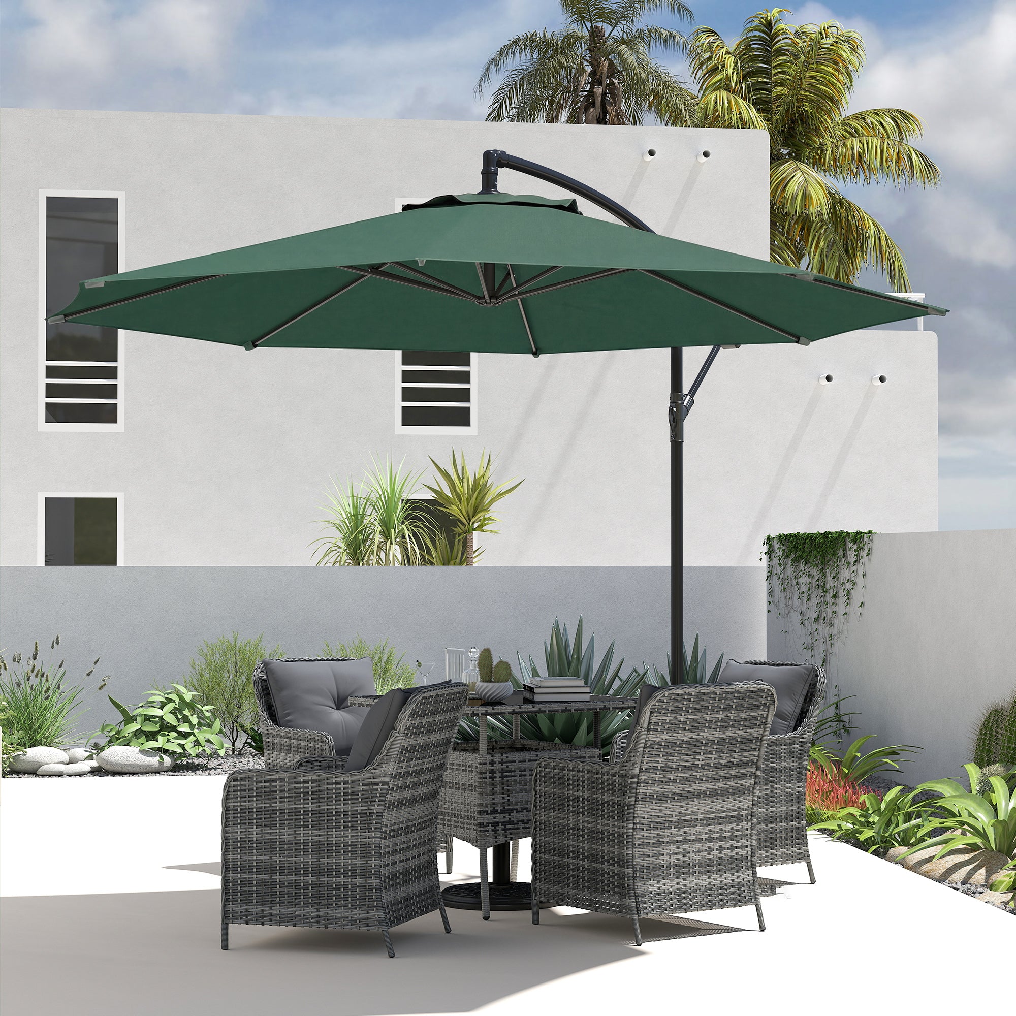 Outsunny 3 m Overhanging Cantilever Parasol, with Cross Base - Dark Green