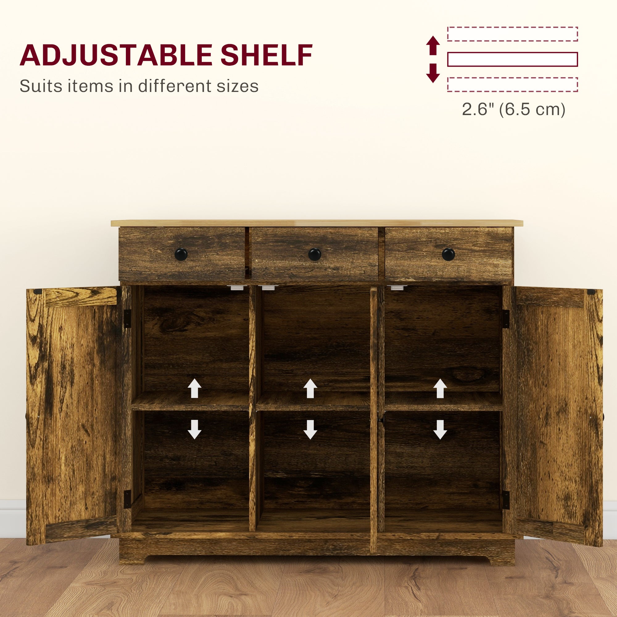 HOMCOM Sideboard with Rubberwood Top and Adjustable Shelves for Dining Room, Kitchen - Rustic Brown - North Peak Garden Furniture