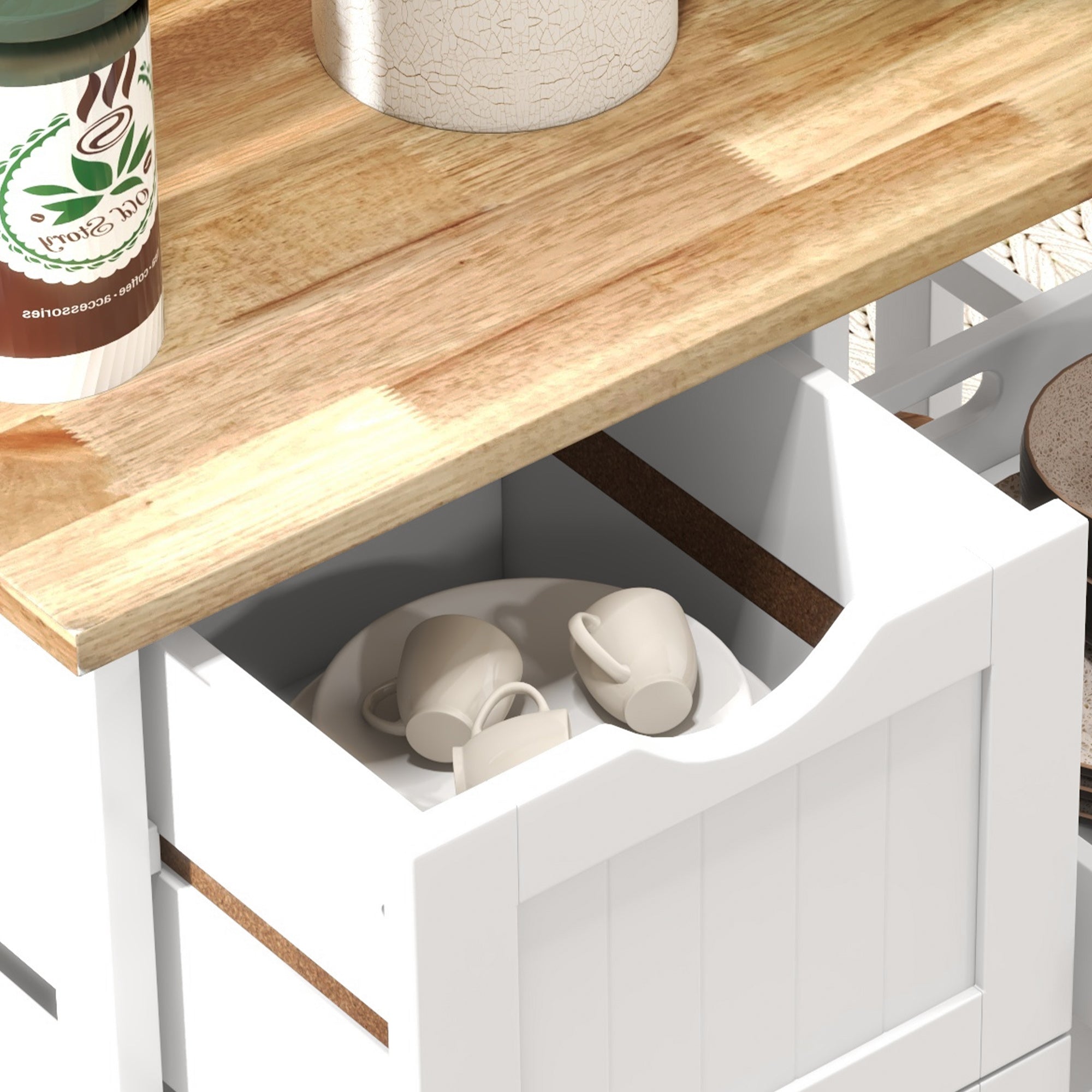 HOMCOM Rolling Kitchen Island Cart, Bar Serving Cart, Compact Trolley on Wheels with Wood Top, Shelves & Drawers for Home Dining Area, White - North Peak Garden Furniture