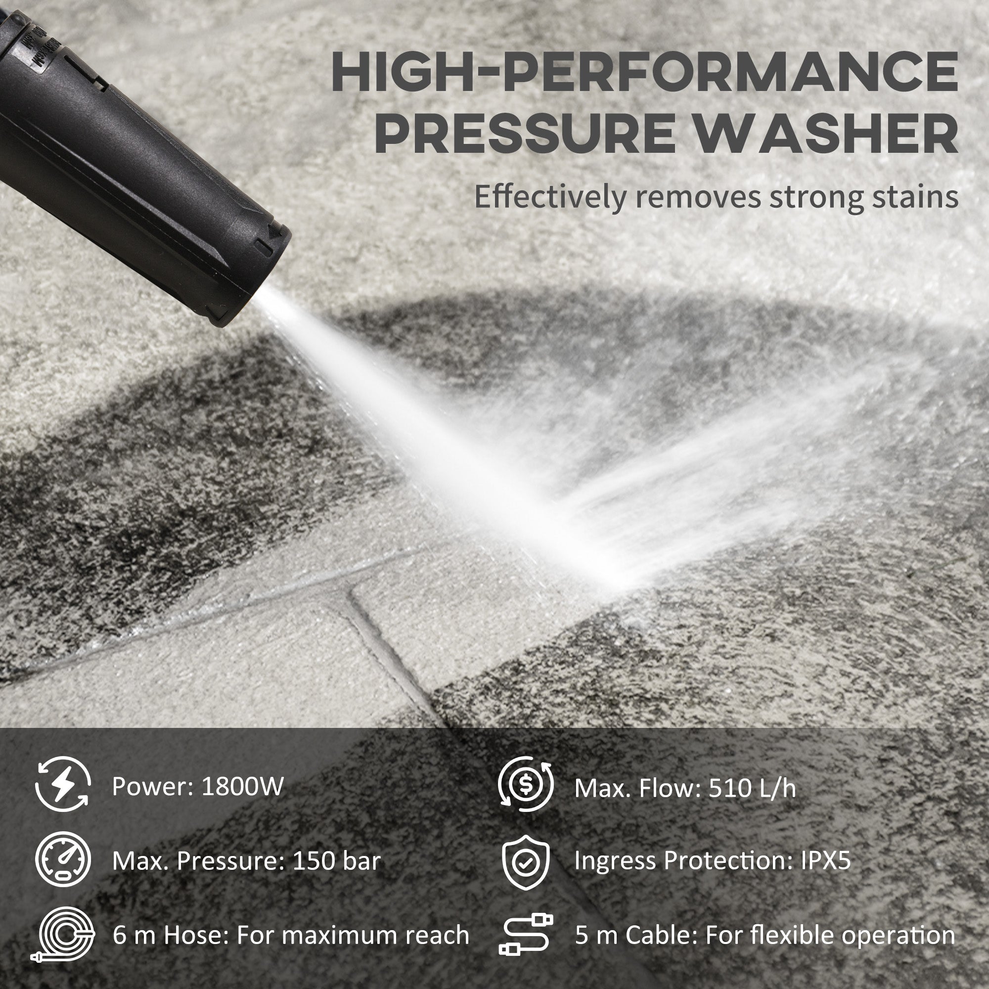 DURHAND 1800W High Pressure Washer, 150 Bar Pressure, 510 L/h Flow, High-Performance Portable Power Washer Jet Wash Cleaner with 6M Hose and Hose Reel for Garden, Car, Furniture, Yellow - North Peak Garden Furniture