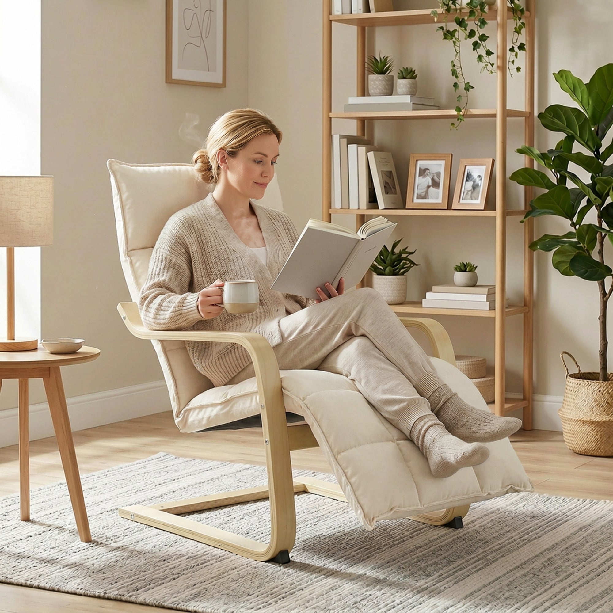 HOMCOM Modern Accent Chair, Leisure Lounge Chair Armchair with Footrest, Plush Cushion, Curved Legs and Arms, Cream White