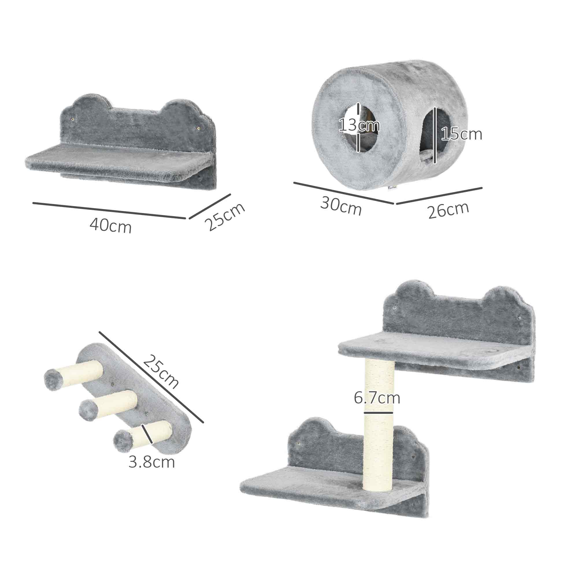 PawHut 4PCs Wall-Mounted Cat Tree, with Steps, Perch, Cat House - Grey - North Peak Garden Furniture