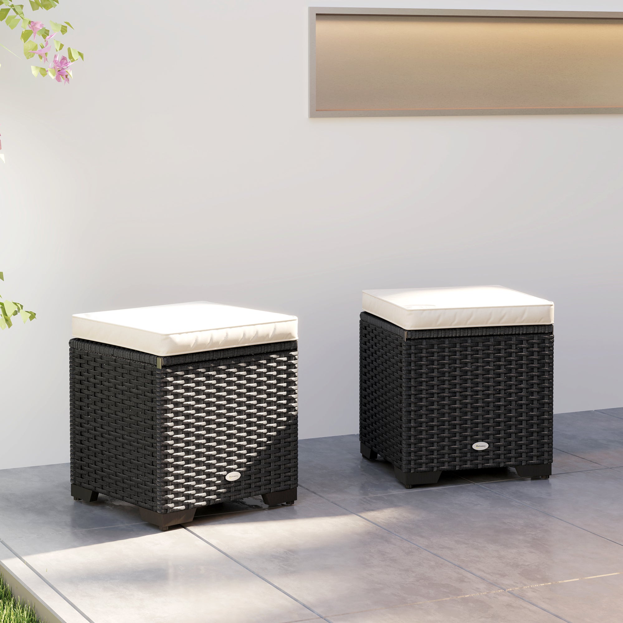 Outsunny Set of 2 Rattan Storage Ottoman, Outdoor Footstool with Removable Cushions, Garden Storage Seat for Balcony, Poolside, Living Room, Cream - North Peak Garden Furniture