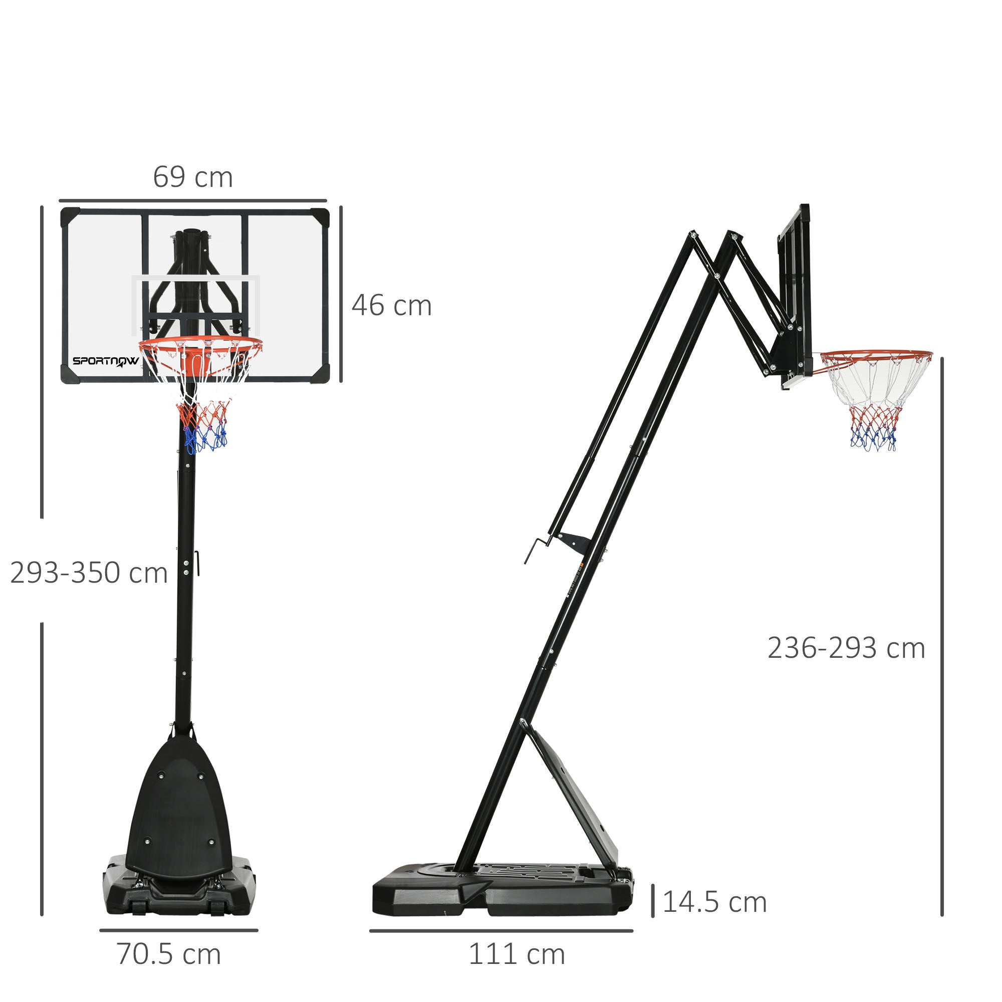 SPORTNOW 2.4-2.9m Adjustable Basketball Hoop and Stand with Weighted Base, Portable on Wheels, Black - North Peak Garden Furniture