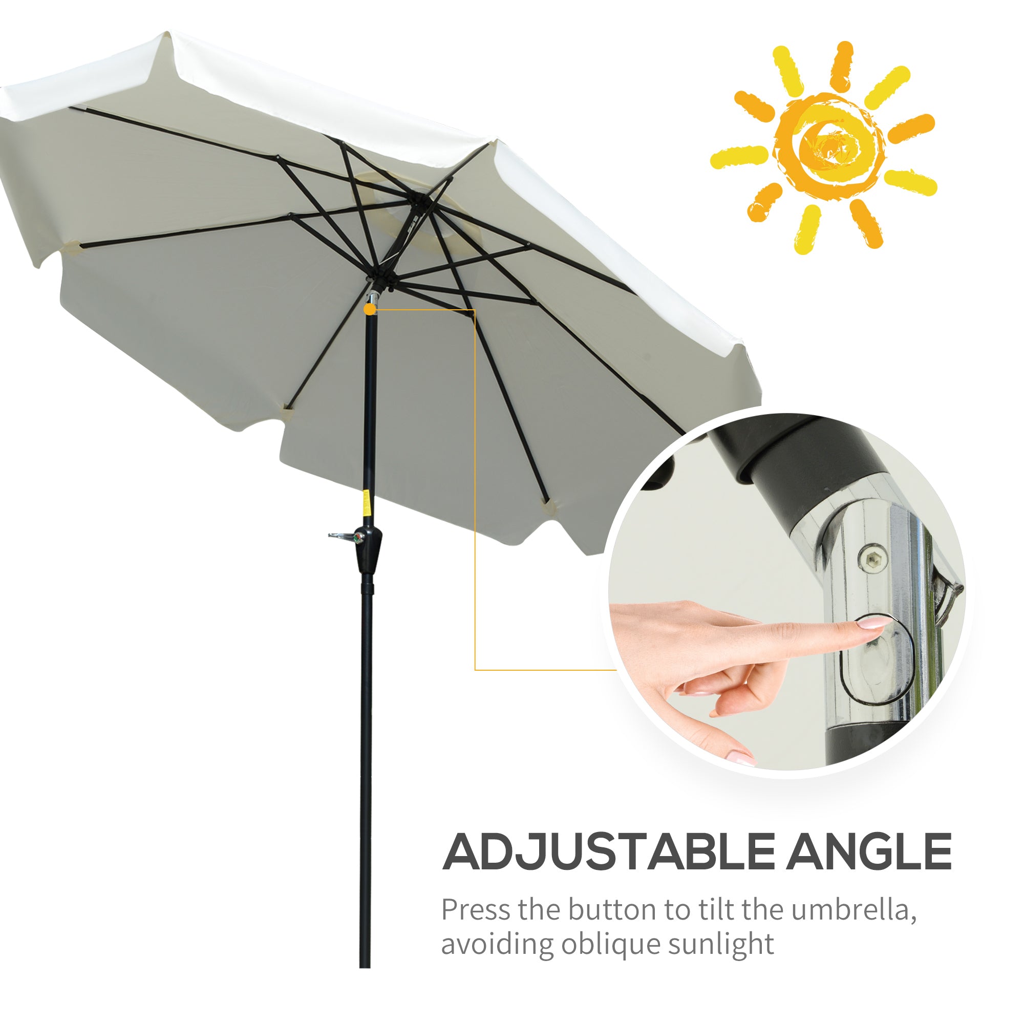 Outsunny 2.7m Patio Parasol Garden Umbrellas Outdoor Sun Shade Table Umbrella with Tilt, Crank, 8 Ribs, Ruffles, White - North Peak Garden Furniture