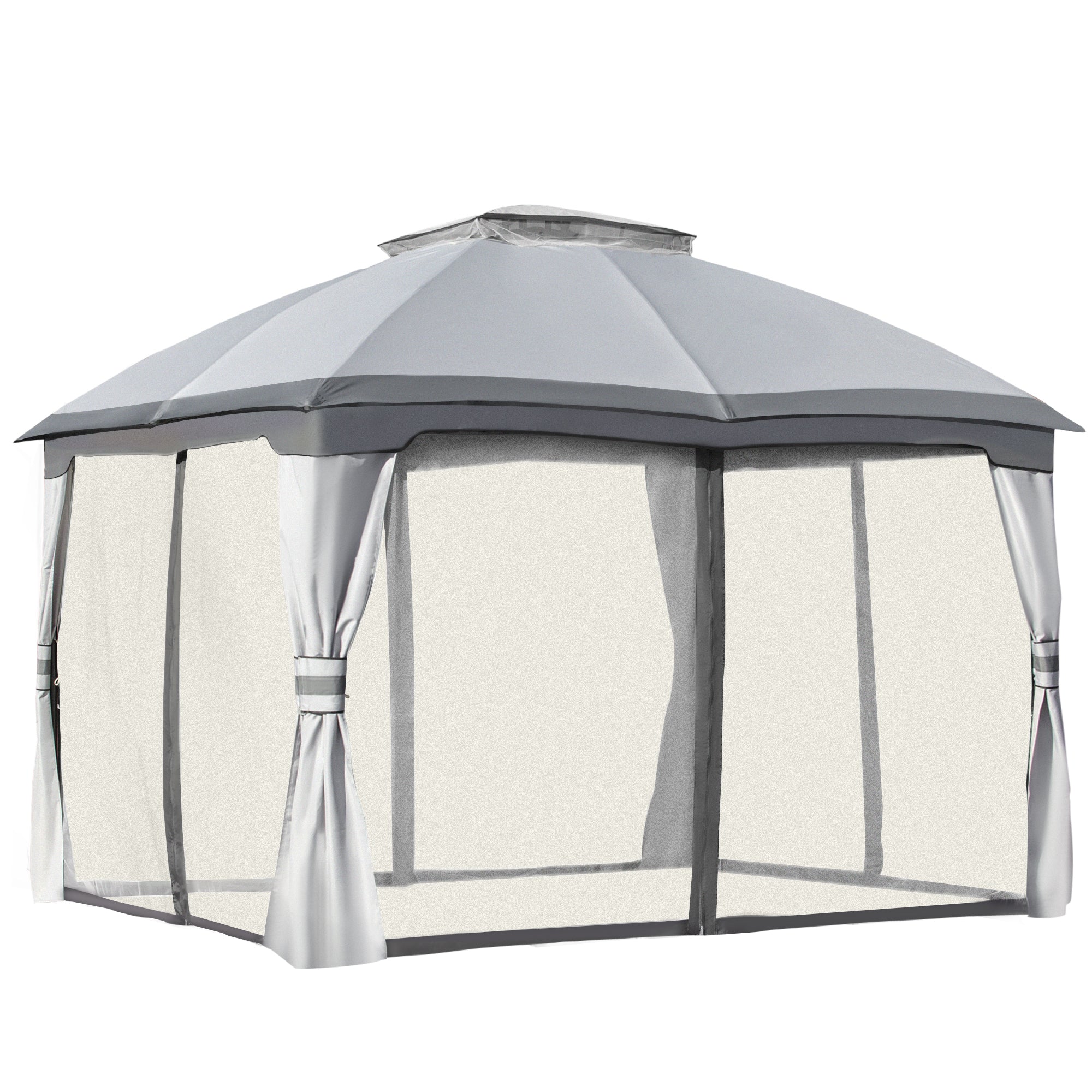 Outsunny 3.7 x 3(m) Metal Gazebo Canopy Party Tent Garden Patio Shelter with Netting Sidewalls & Double Tiered Roof, Grey - North Peak Garden Furniture
