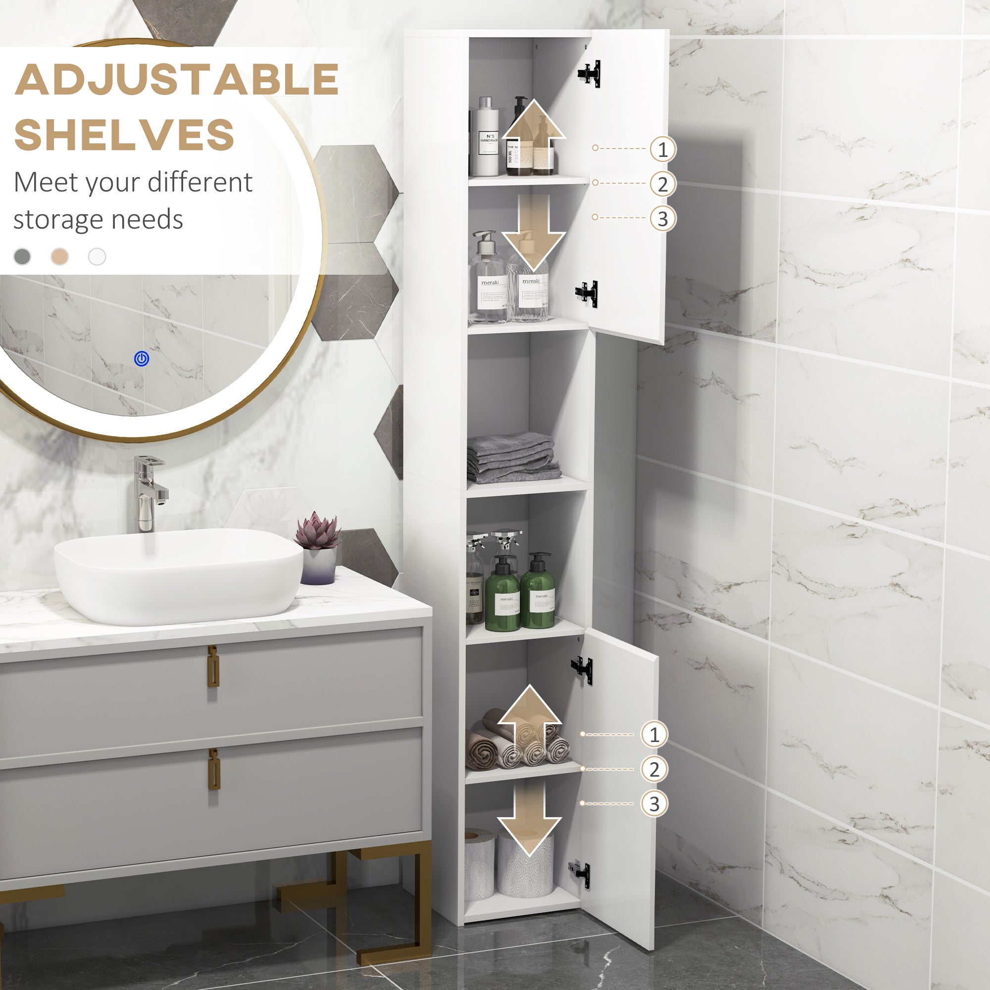 kleankin Freestanding Bathroom Cabinet, High Gloss Storage Cabinet with Doors and Adjustable Shelves, 30 x 30 x 181.5 cm, White - North Peak Garden Furniture