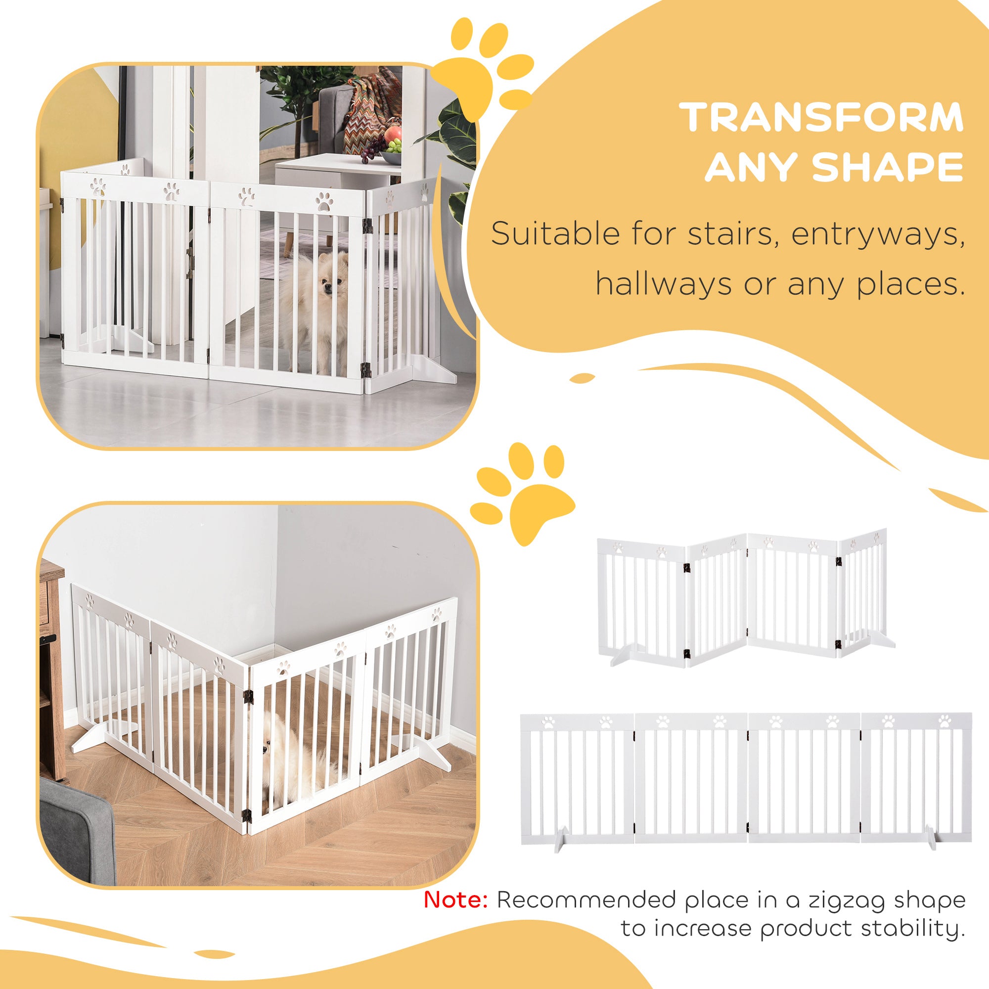 PawHut Freestanding Pet Gate 4 Panel Wooden Dog Barrier Folding Safety Fence with Support Feet up to 204cm Long 61cm Tall for Doorway Stairs White - North Peak Garden Furniture