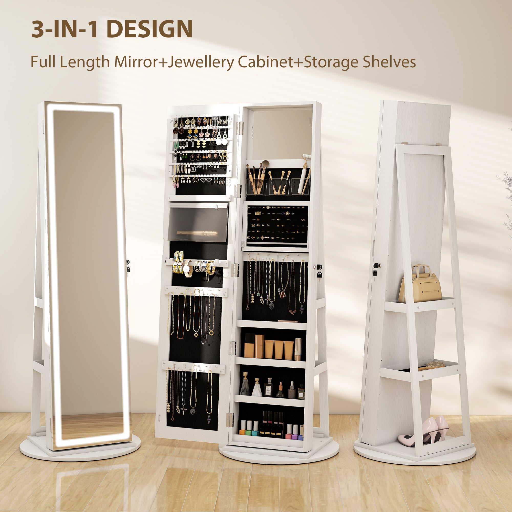 HOMCOM 360° Swivel Mirror Jewellery Cabinet with 3 Colour LED Lights, Lockable Jewellery Organiser, Free Standing Full Length Mirror with Storage for Earrings, Necklaces, Rings and Lipsticks, White