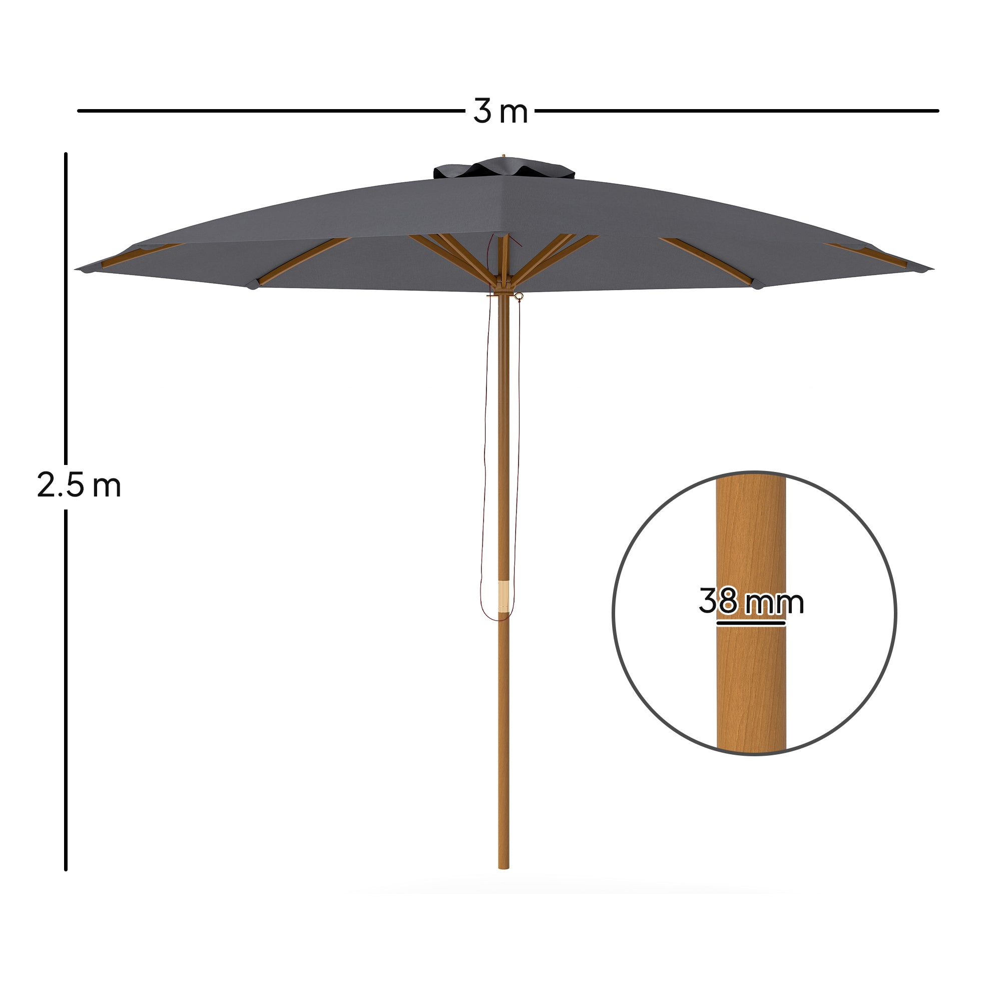 Outsunny 3m Wood Pole Parasol Umbrella - Grey - North Peak Garden Furniture