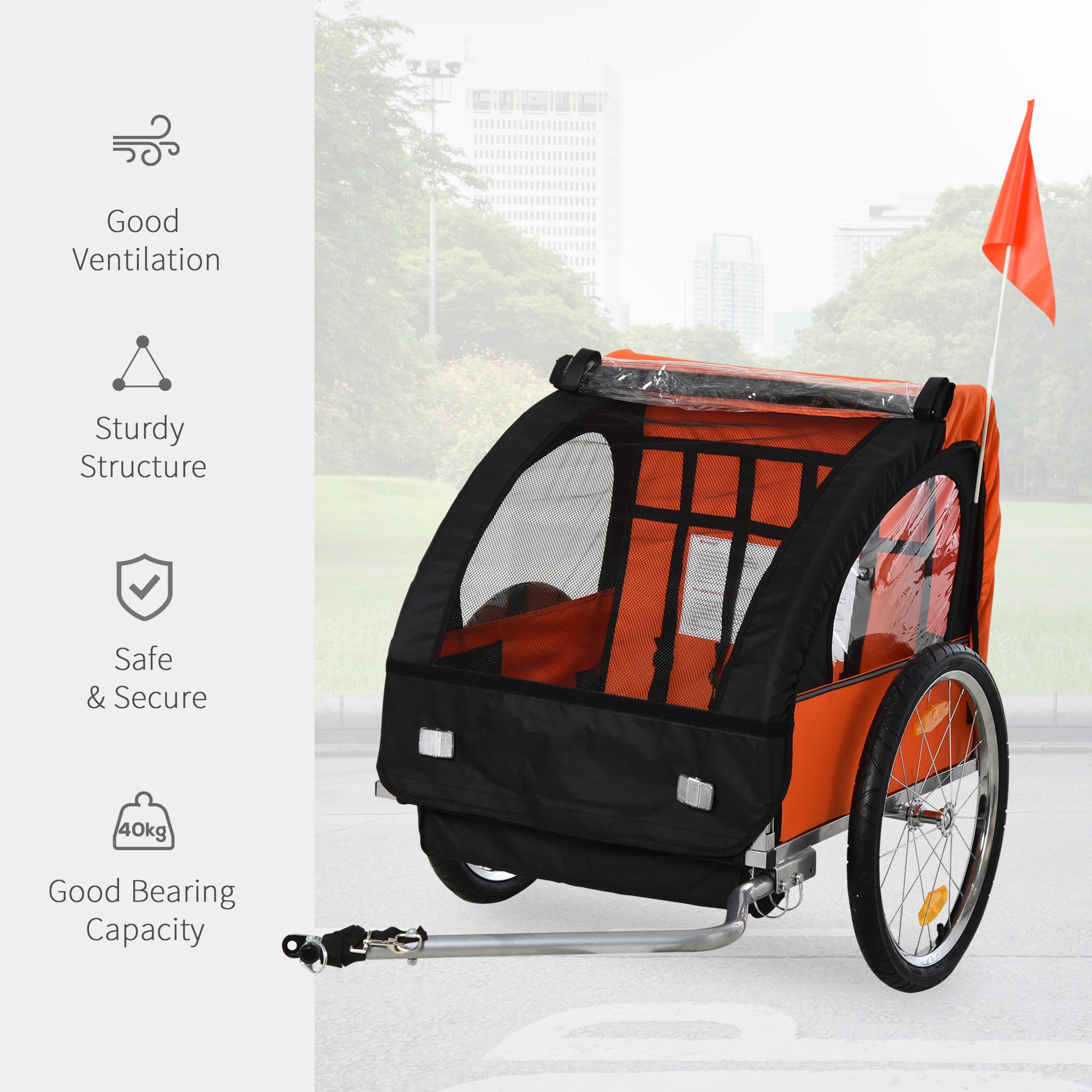 HOMCOM 2 Seat Bike Trailer Bicycle wagon for Kids Child Steel Frame Safety Harness Seat Carrier Orange Black 130 x 76 x 88 cm - North Peak Garden Furniture