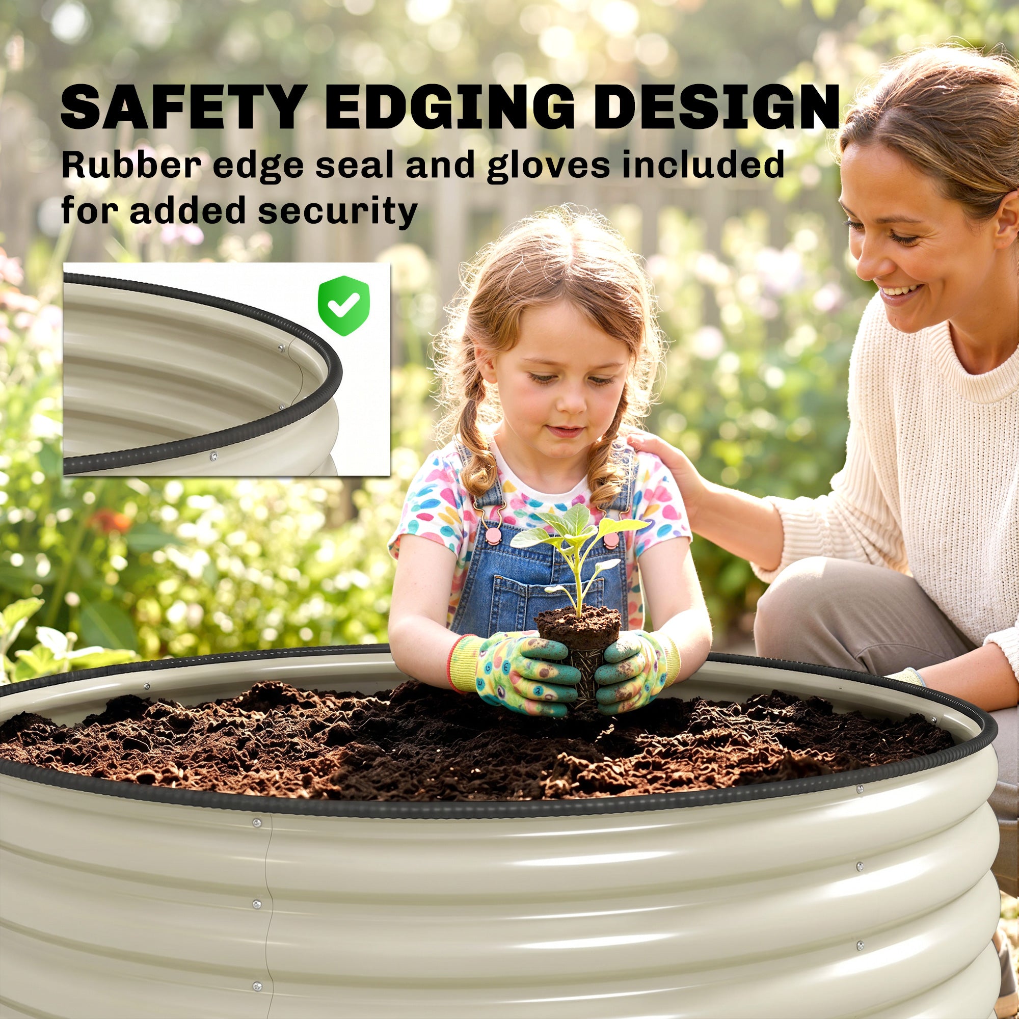 Outsunny Galvanised Raised Garden Bed with Safety Edging, Outdoor Raised Planter Box with Gloves, 120 x 120 x 43cm, Cream White