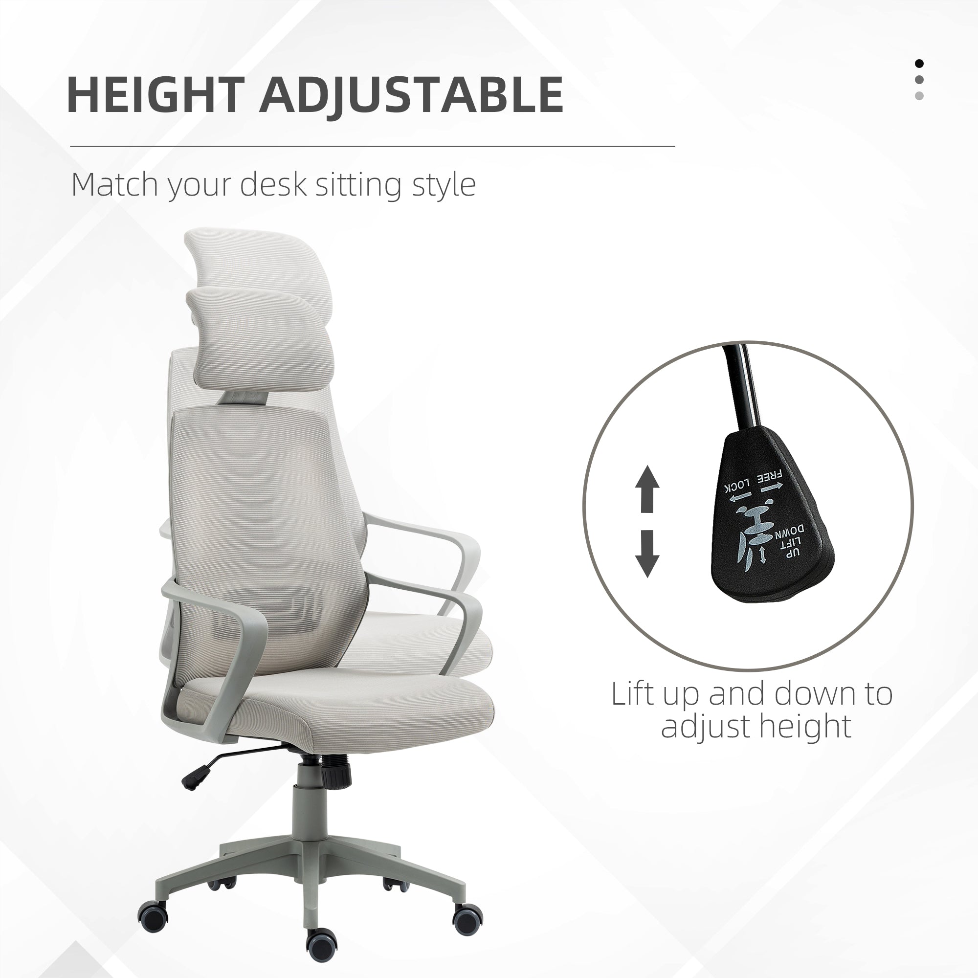 Vinsetto Ergonomic Office Chair, High Back Computer Chair, Mesh Desk Chair with Lumbar Support, Headrest, Wheel, Adjustable Height, Grey - North Peak Garden Furniture