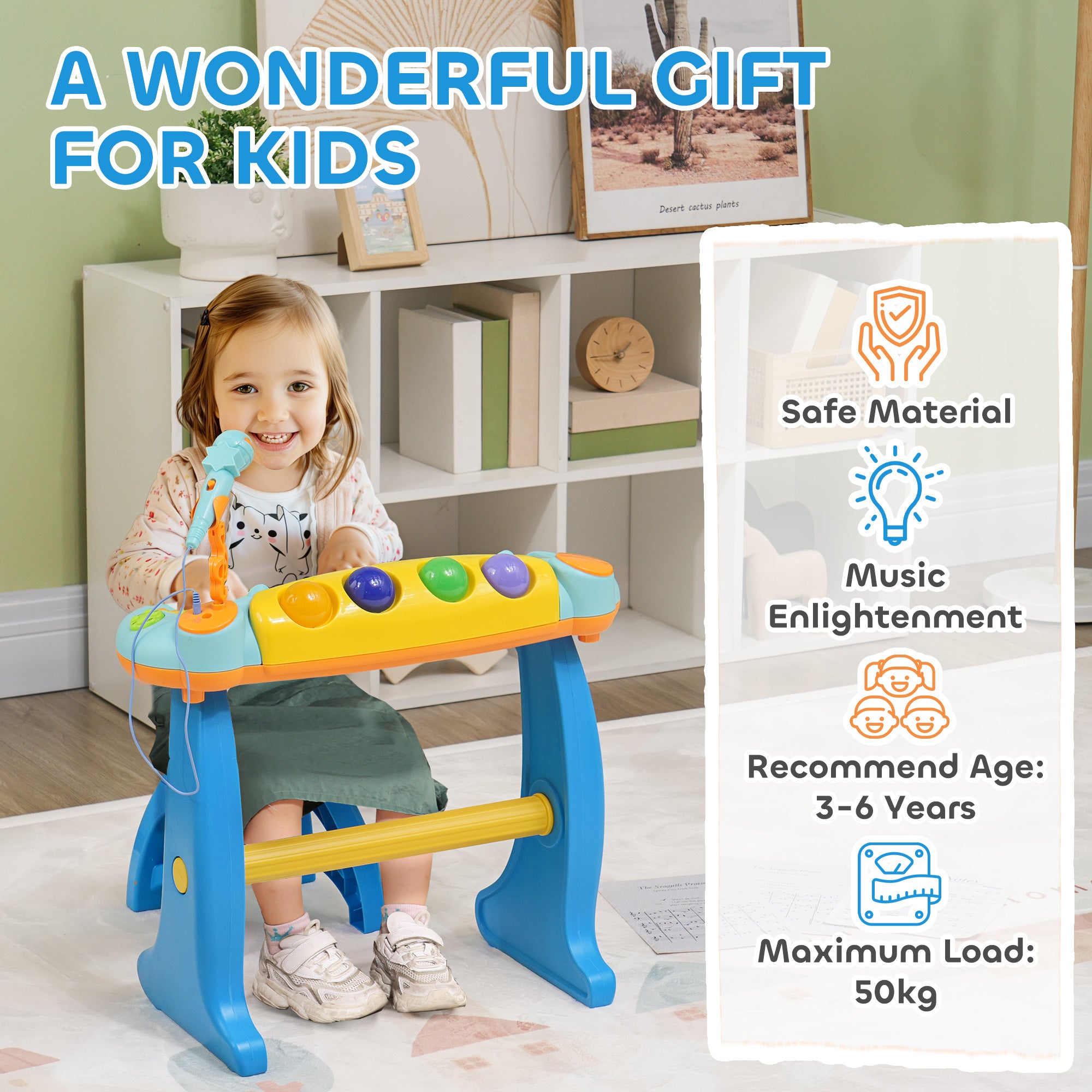 AIYAPLAY 37 Keys Kids Piano w/ Microphone, Stool, LED Lights, Record & Replay Function, Blue