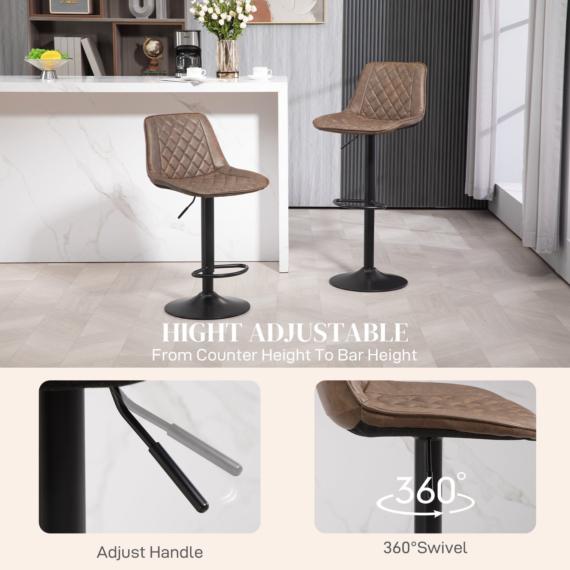 HOMCOM Bar Stools Set of 2, Retro Adjustable Kitchen Stool, Swivel PU Leather Upholstered Bar Chairs with Back, Footrest and Steel Base, Brown - North Peak Garden Furniture