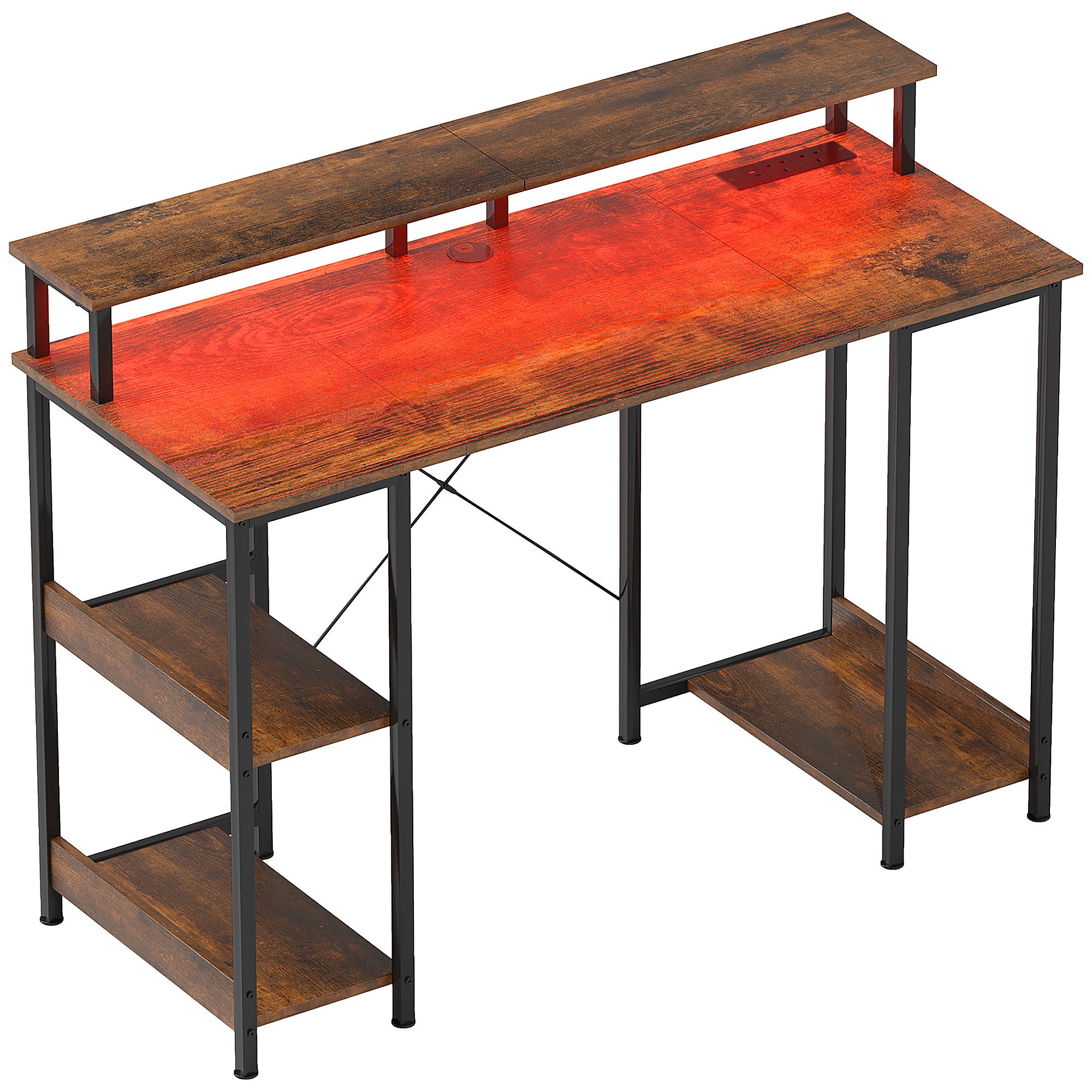 HOMCOM Computer Desk with Power Outlets and LED Lights, 120 x 50cm Reversible Home Office Desk with Monitor Stand and 2-Tier Storage Shelves, Gaming Desk with Cable Management, Rustic Brown - North Peak Garden Furniture