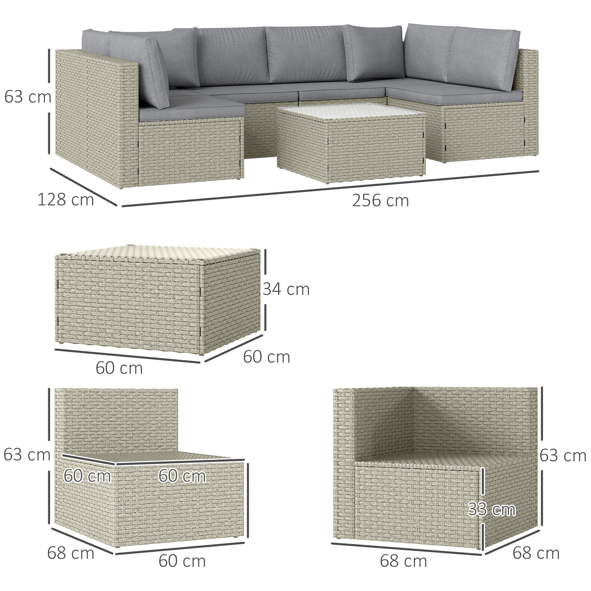 Outsunny 7 Pieces Rattan Garden Furniture Set, 6 Seater Garden Corner Sofa with Wide Seat, Cushions and Glass Top Table, Sectional Outdoor Furniture Conservatory Set for Patio, Light Brown - North Peak Garden Furniture