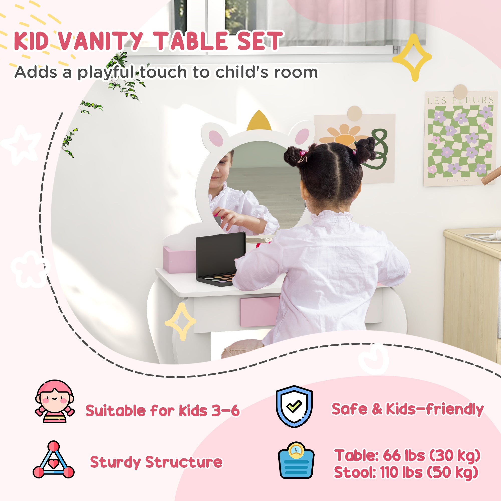 ZONEKIZ Kids Bedroom Furniture Set with Kids Dressing Table with Mirror and Stool, Toddler Bed Frame for 3-6 Years, Unicorn Design - North Peak Garden Furniture