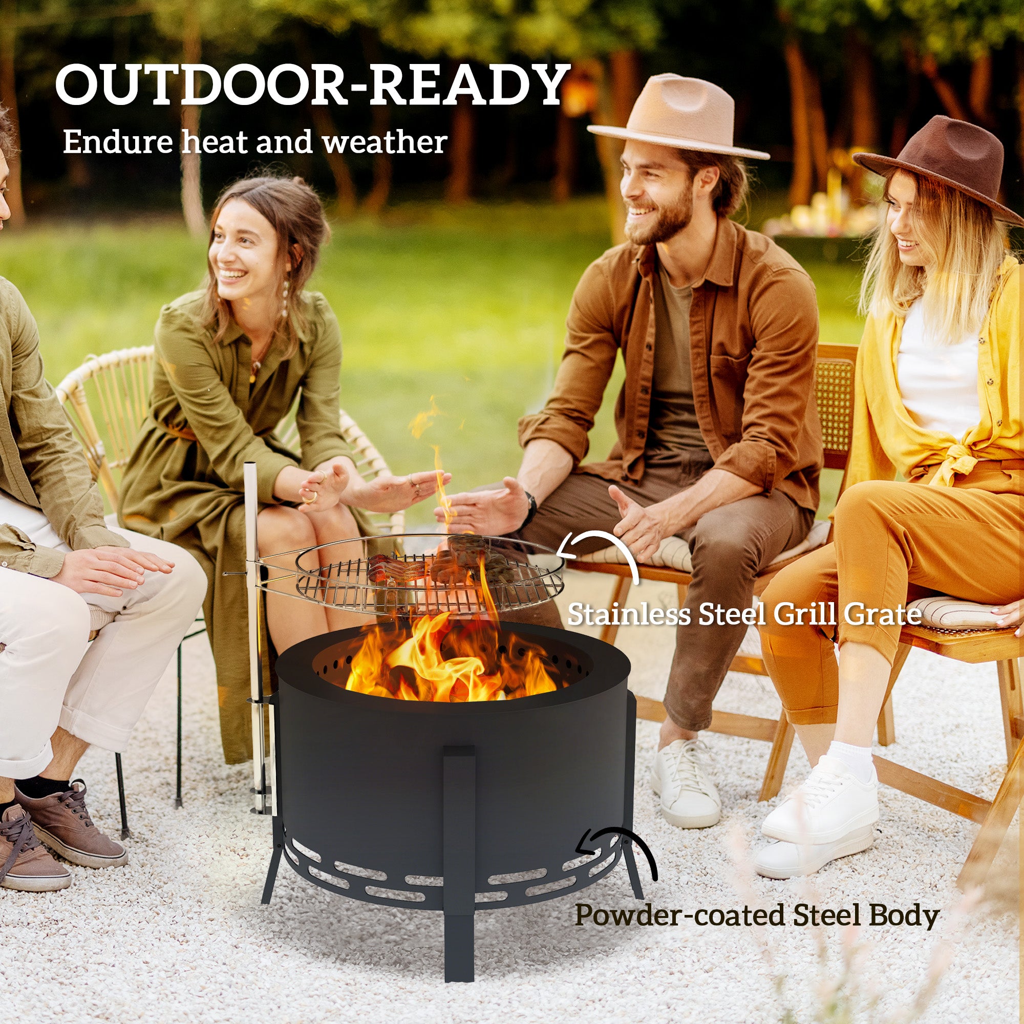 Outsunny Portable Fire Pit, 58 cm Round Firepit with Grill Grate, Fire Bowl with Ash Catcher and Poker, Fire Pit BBQ for Garden Camping Bonfire Picnic, Black - North Peak Garden Furniture