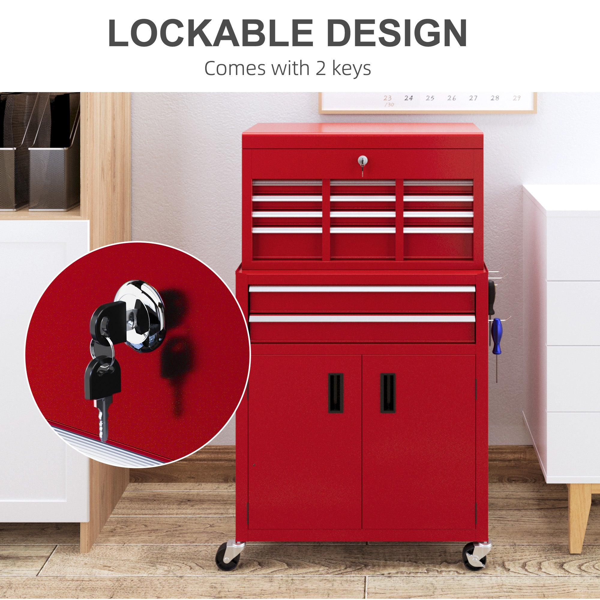 HOMCOM Portable Tool Box, Metal Tool Chest on Wheels with 6 Drawers for Garage and Workshop, Red - North Peak Garden Furniture